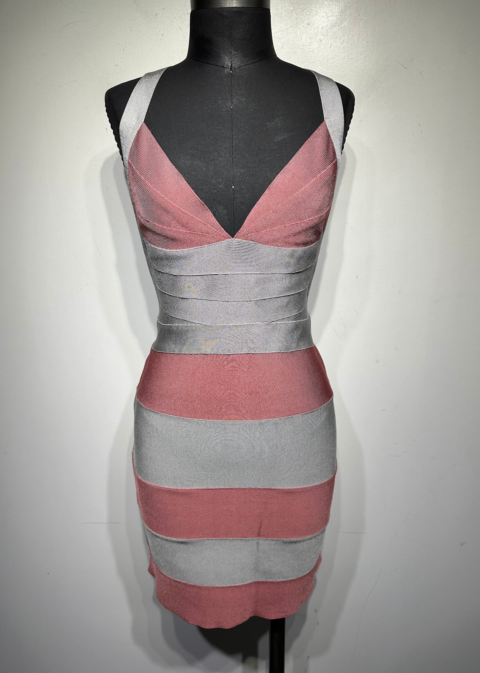 Herve Leger Pink Grey Sweetheart Neck Bandage Dress M