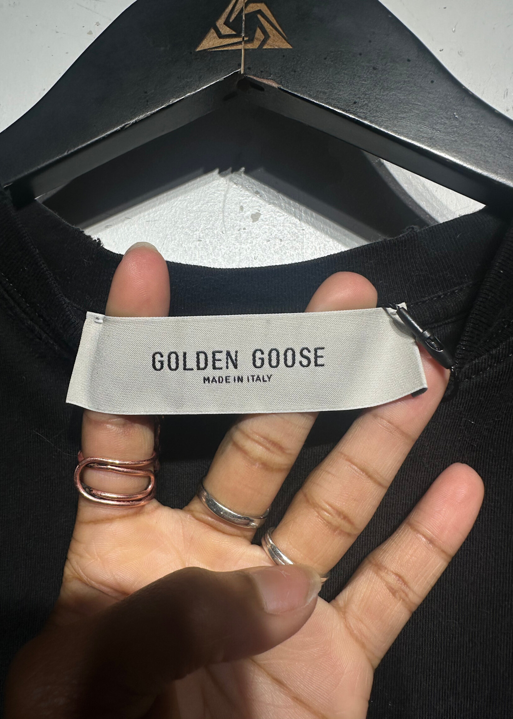 Golden Goose Plain Black Tee Distressed Neck S
