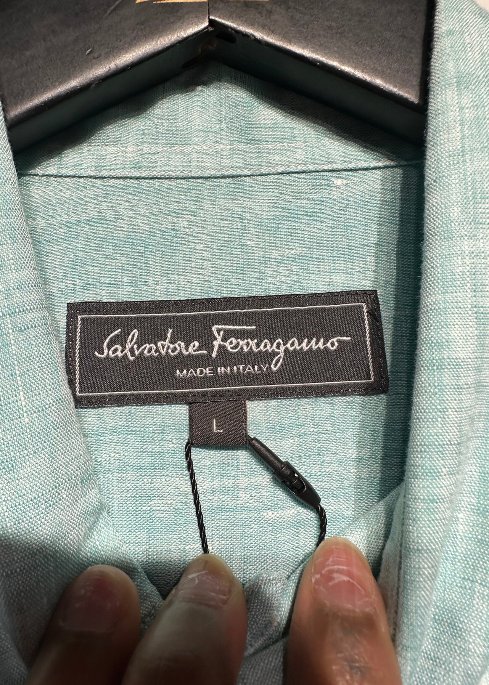 Ferragamo Light Blue Linen LS Shirt L