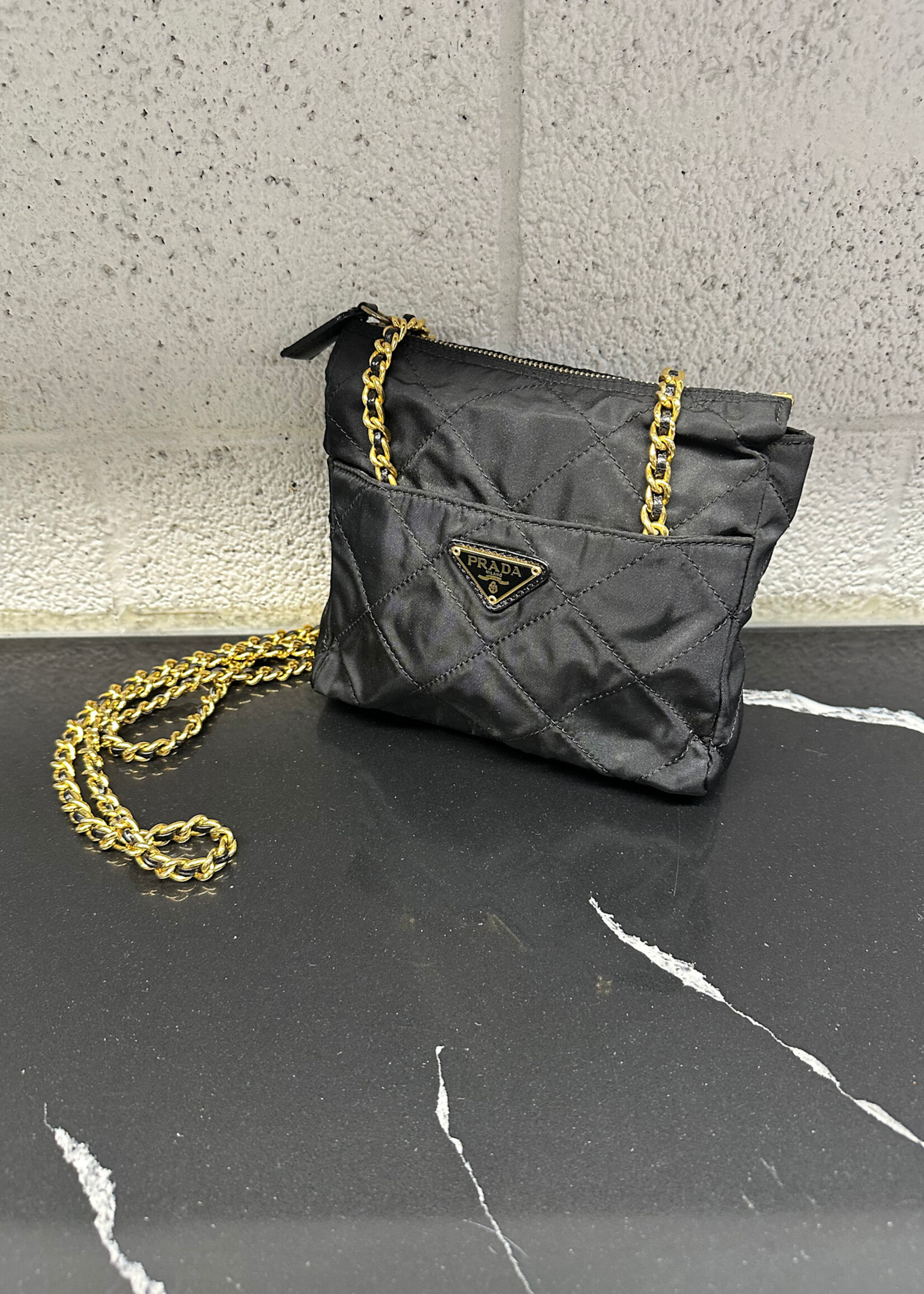 Prada 1975 Gold Chain Black Quilted Bag OS