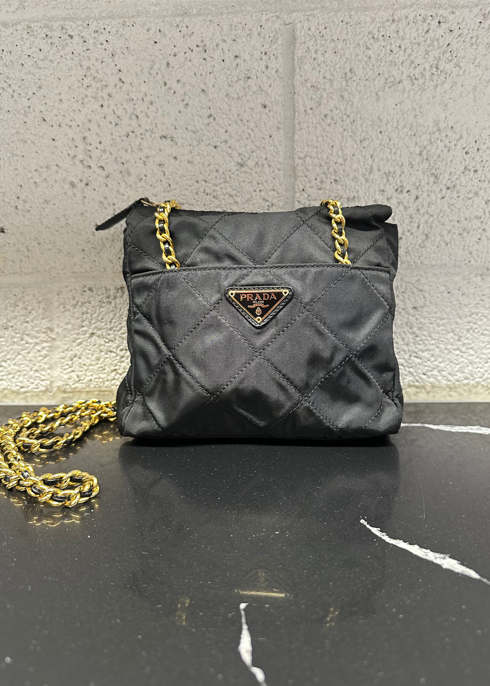 Prada 1975 Gold Chain Black Quilted Bag OS