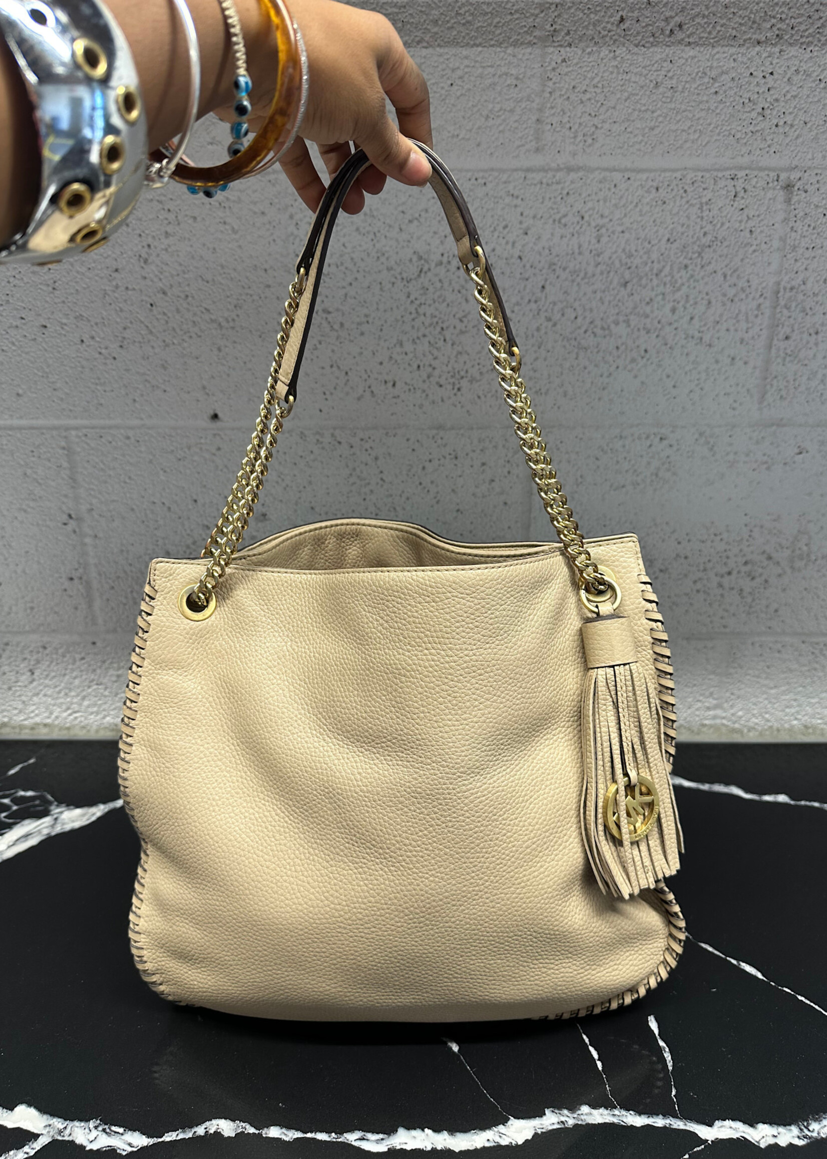 Micheal Kors Beige Tassle Chain Purse