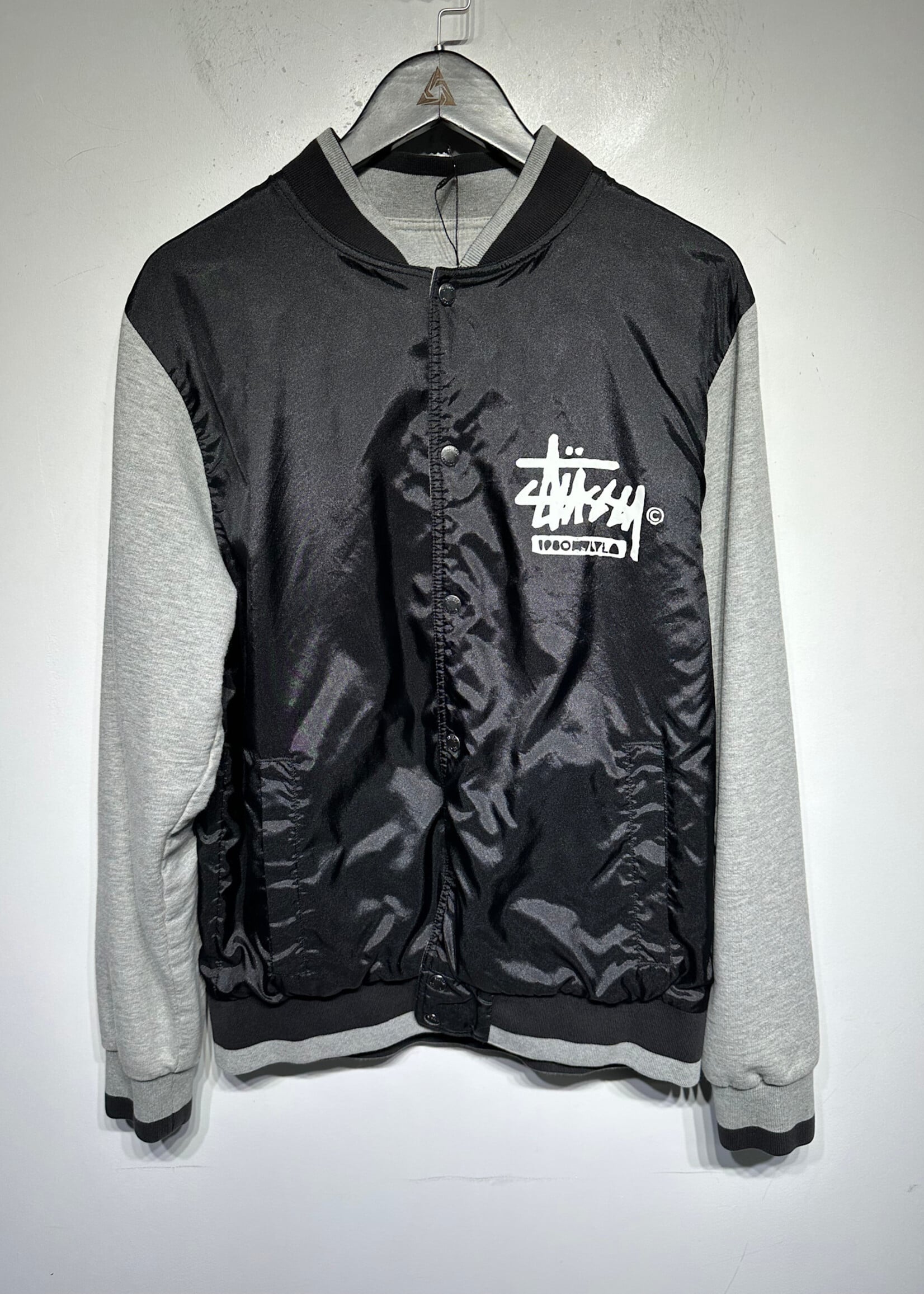 Stussy Black Grey Nylon Reversible Varsity Jacket L