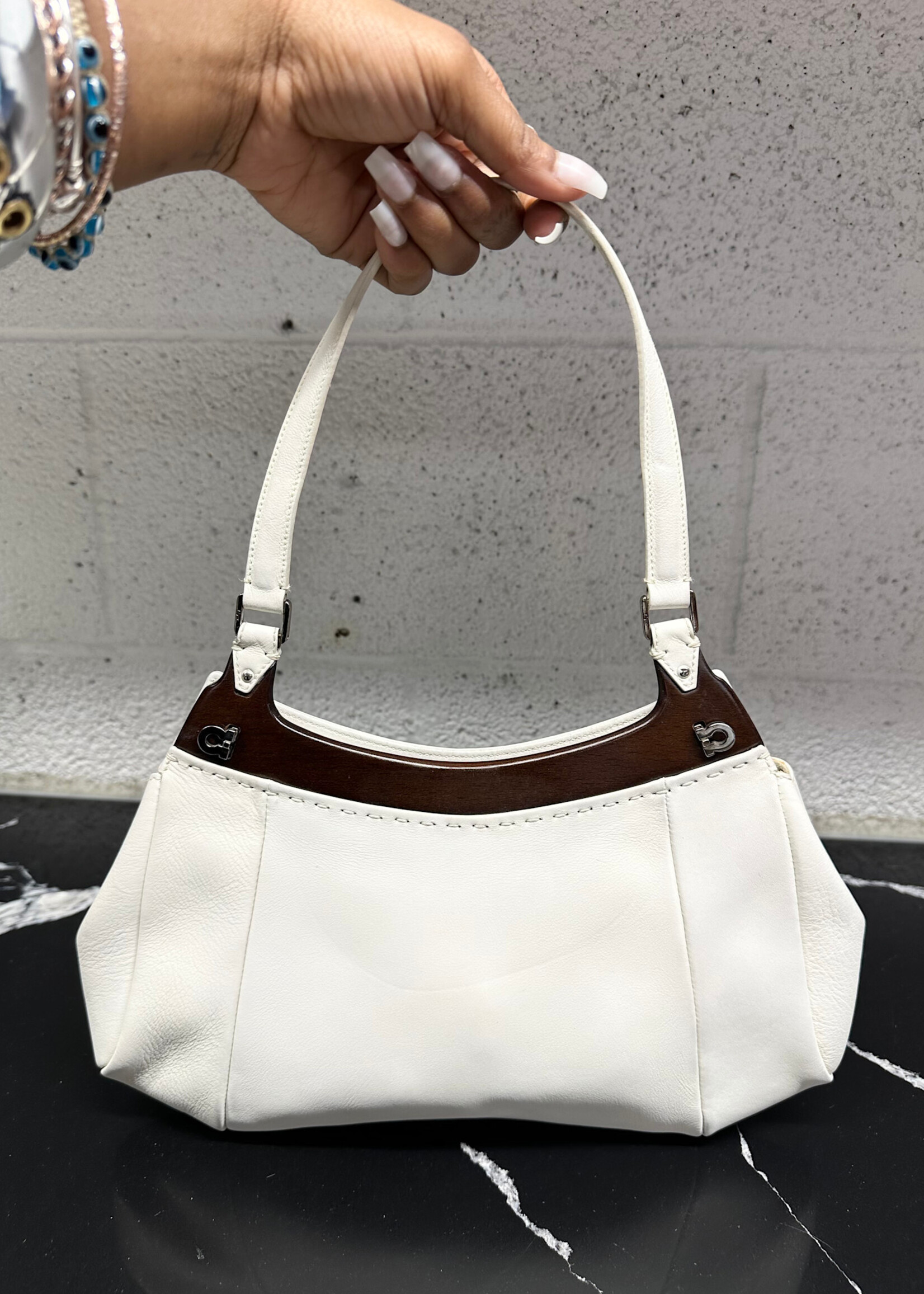 Ferragamo White Wood Trim Y2K Handbag