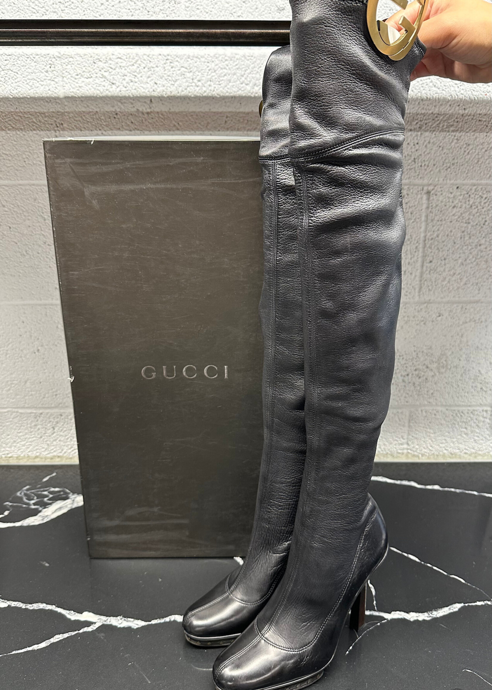 Gucci Y2K Black Over the Knee Logo Boots 8