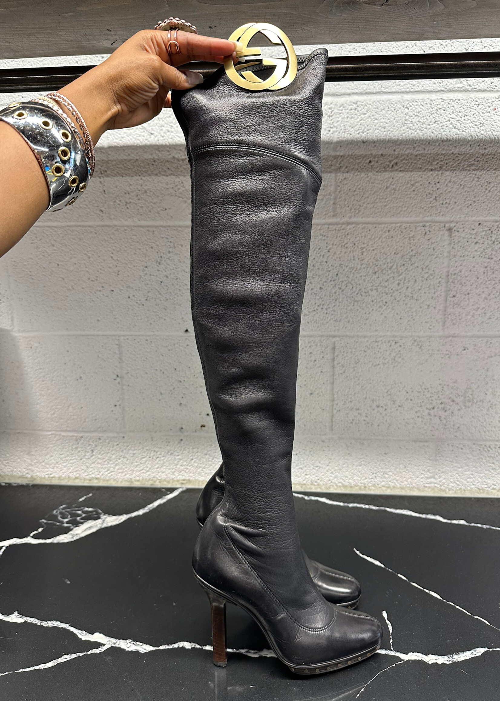 Gucci Y2K Black Over the Knee Logo Boots 8