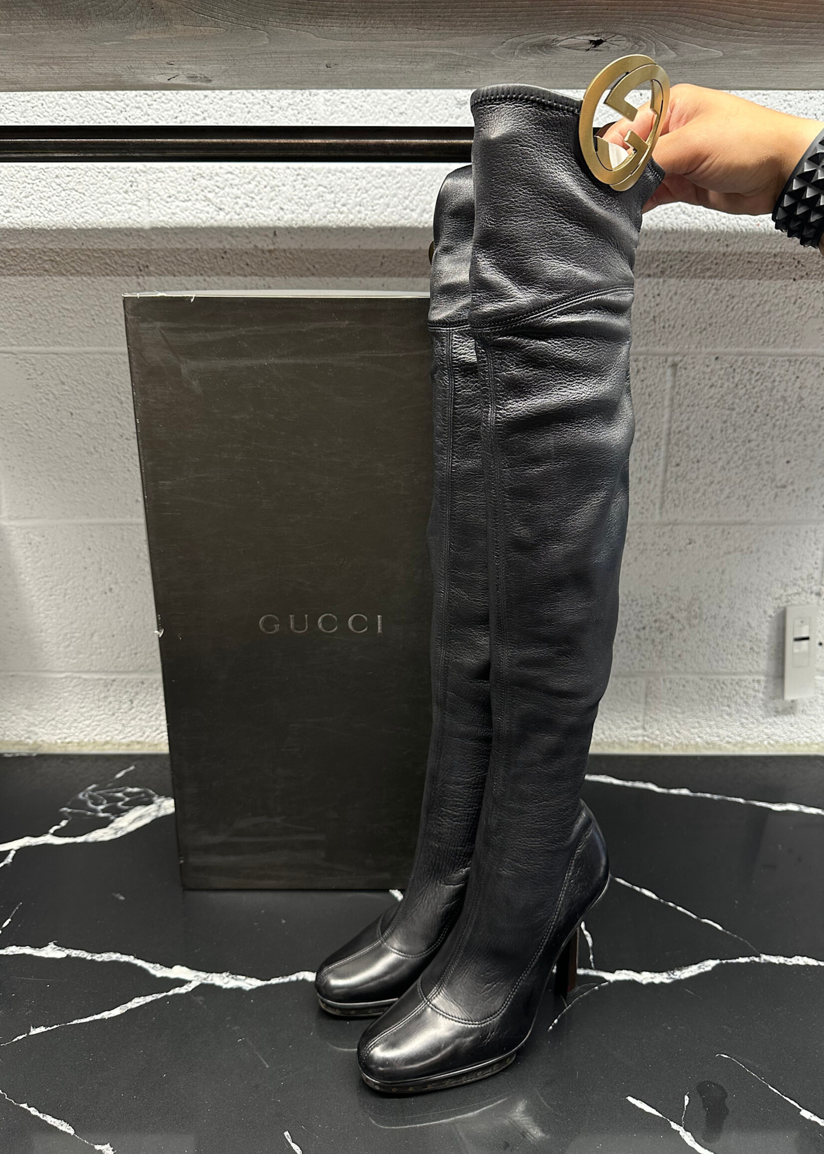 Gucci Y2K Black Over the Knee Logo Boots 8