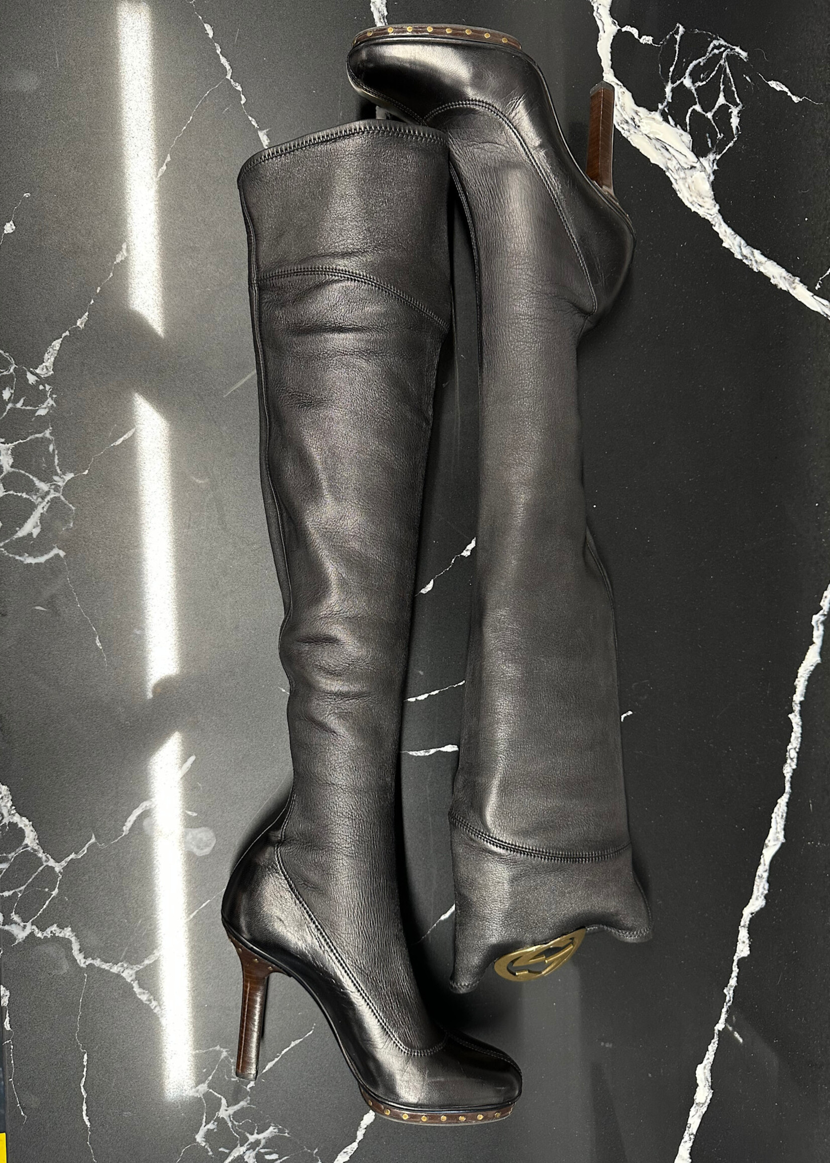 Gucci Y2K Black Over the Knee Logo Boots 8