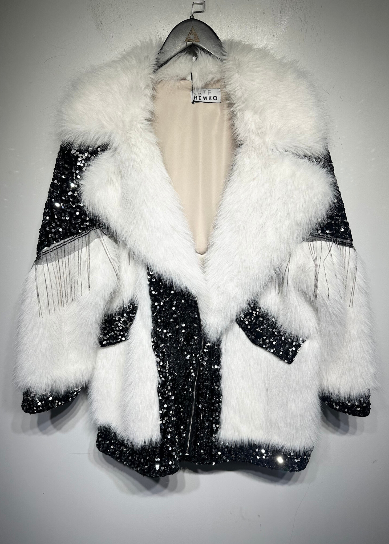 Kate Hewko White Fuzzy Sequin Fringe Jacket Fem L/XL