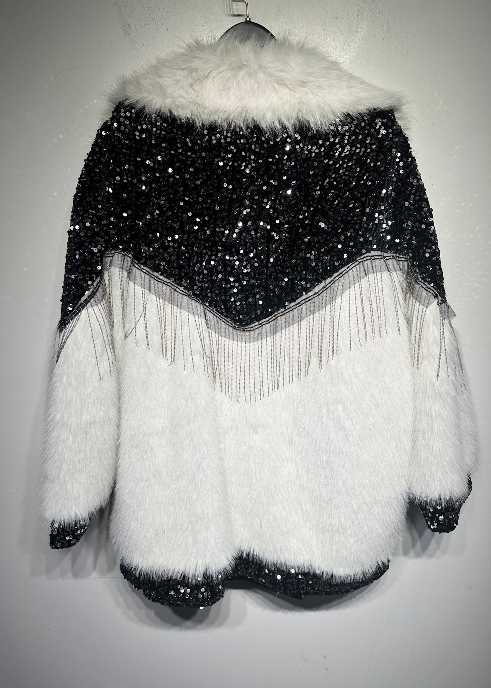 Kate Hewko White Fuzzy Sequin Fringe Jacket Fem L/XL