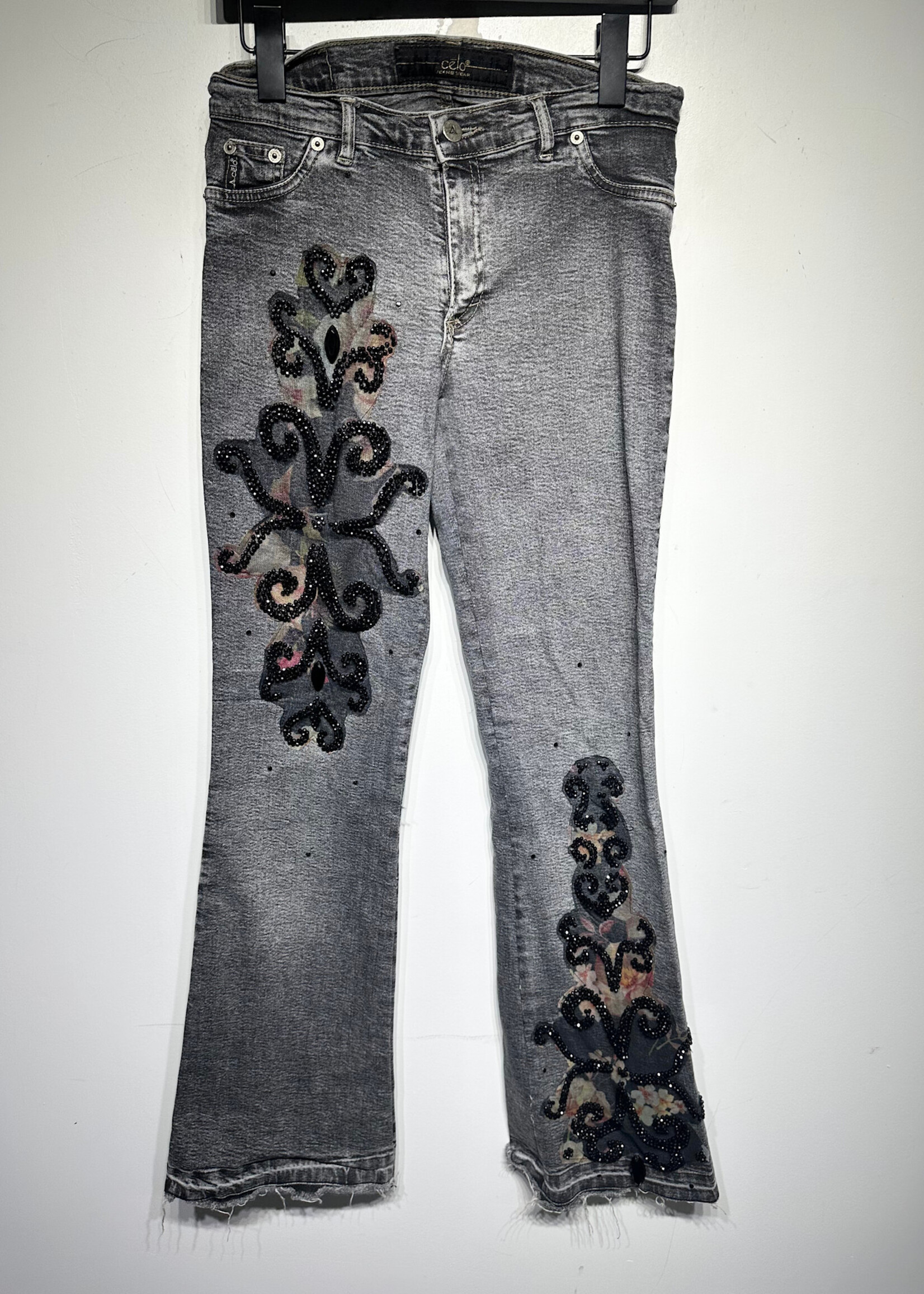 Celo Y2k Grey Wash Bedazzled Stitch Detail Flares 28