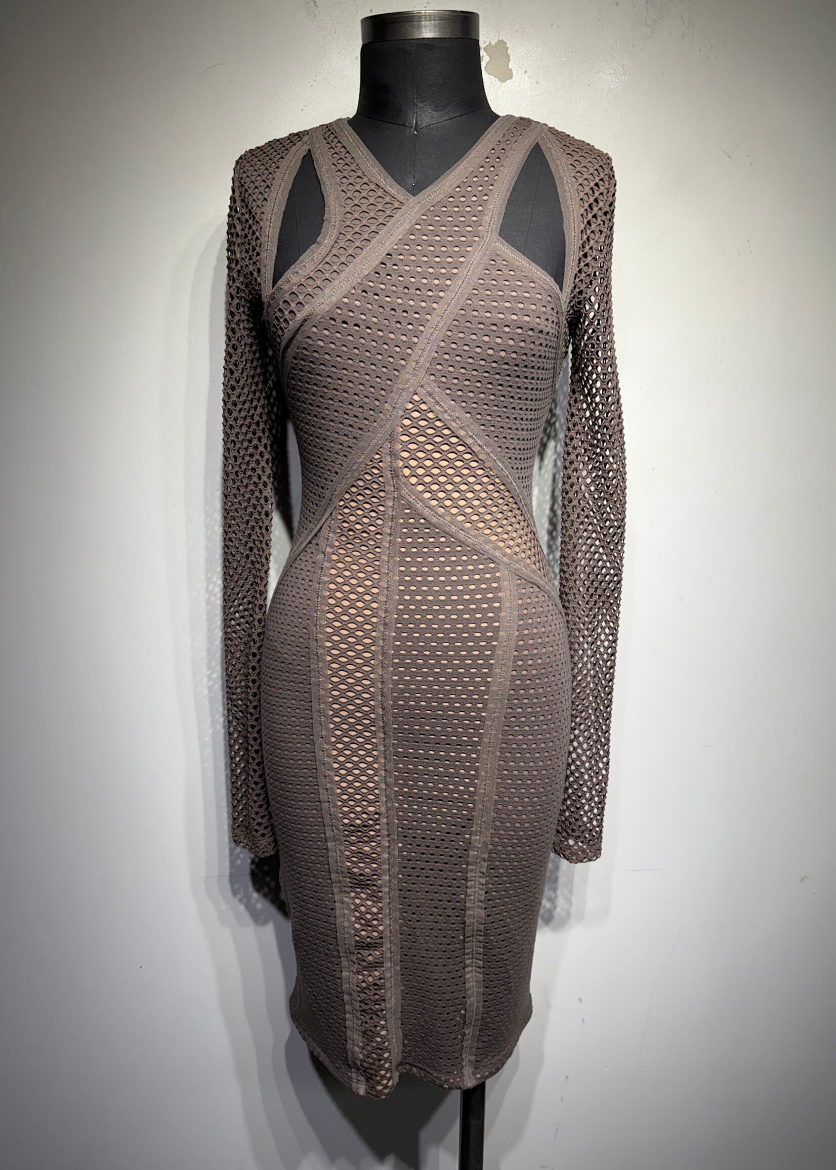 BCBG Tan Mesh LS Midi Dress XS Fem