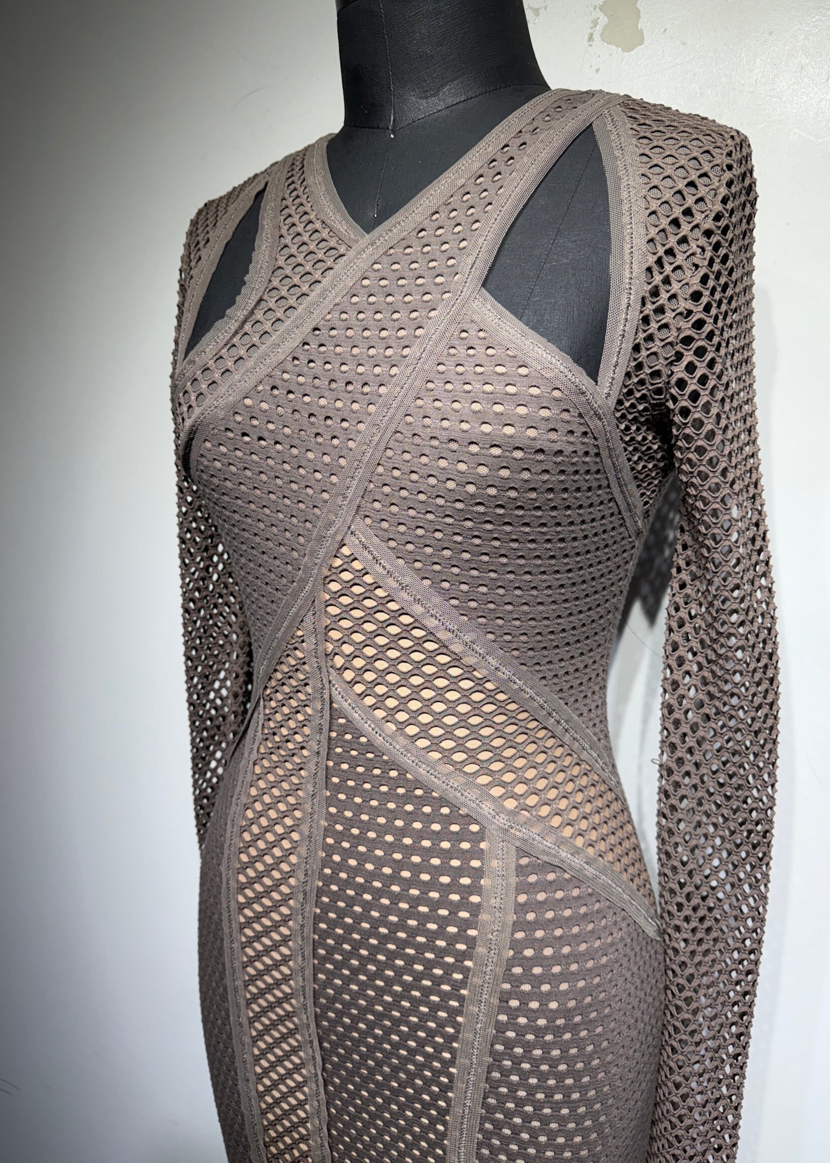 BCBG Tan Mesh LS Midi Dress XS Fem