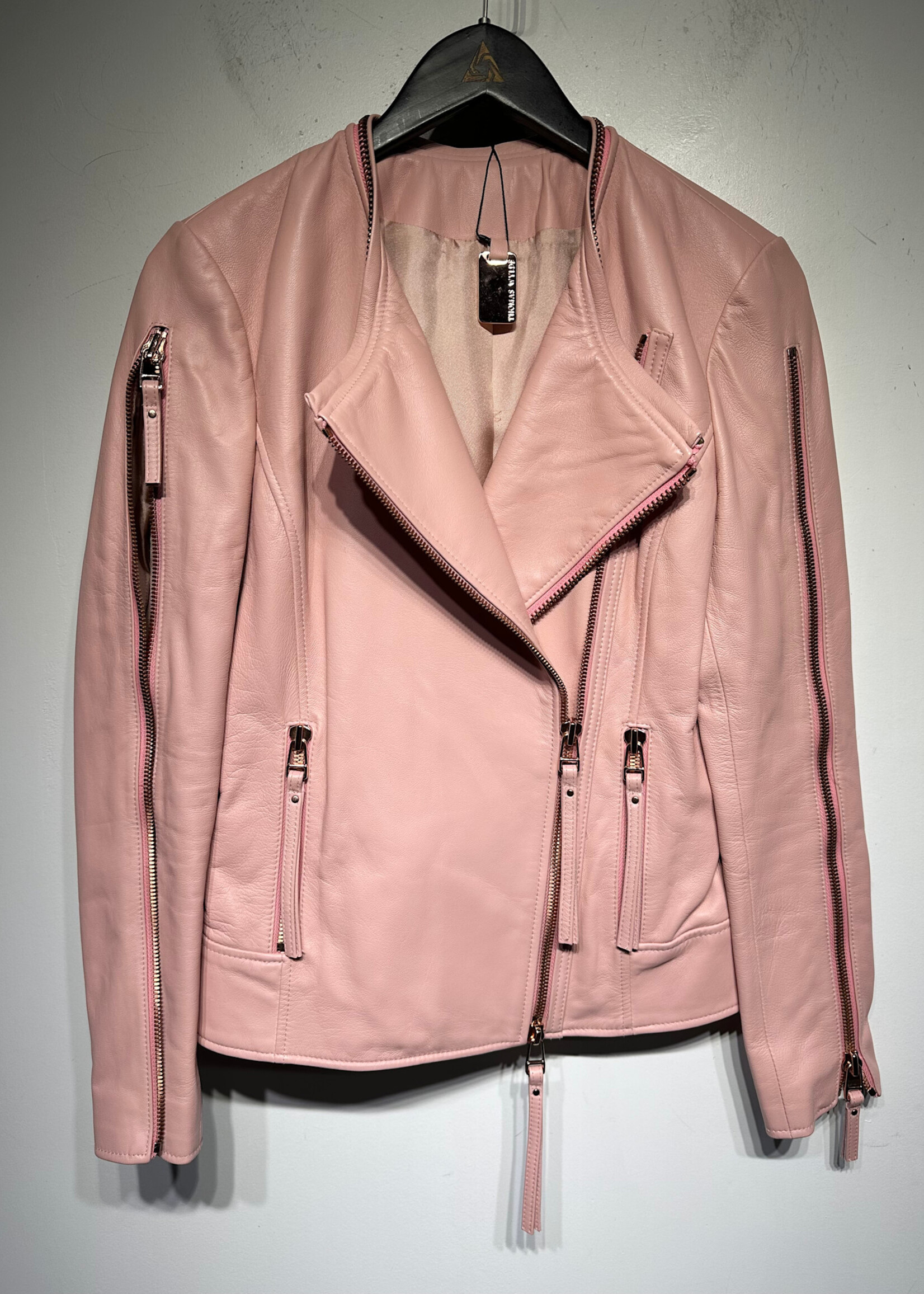 Thomas Wylde Pink Rose Gold Moto Leather Jacket S