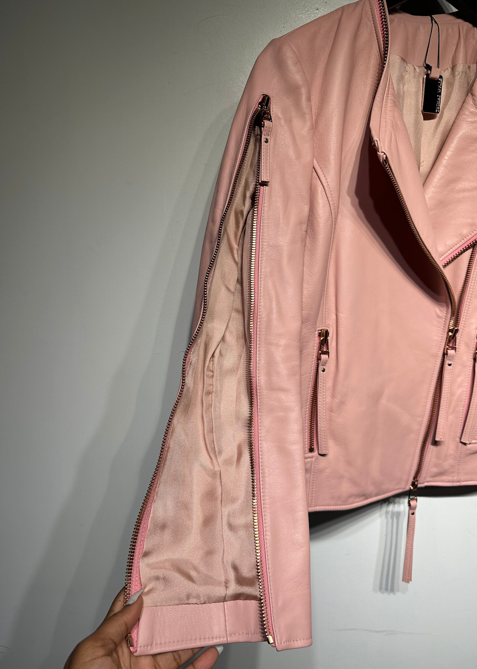 Thomas Wylde Pink Rose Gold Moto Leather Jacket S