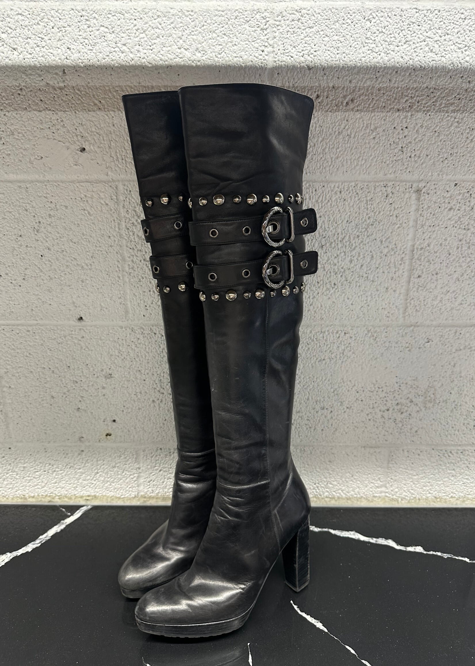 Stuart Weitzman 2000s Black Leather Stud Boots 7