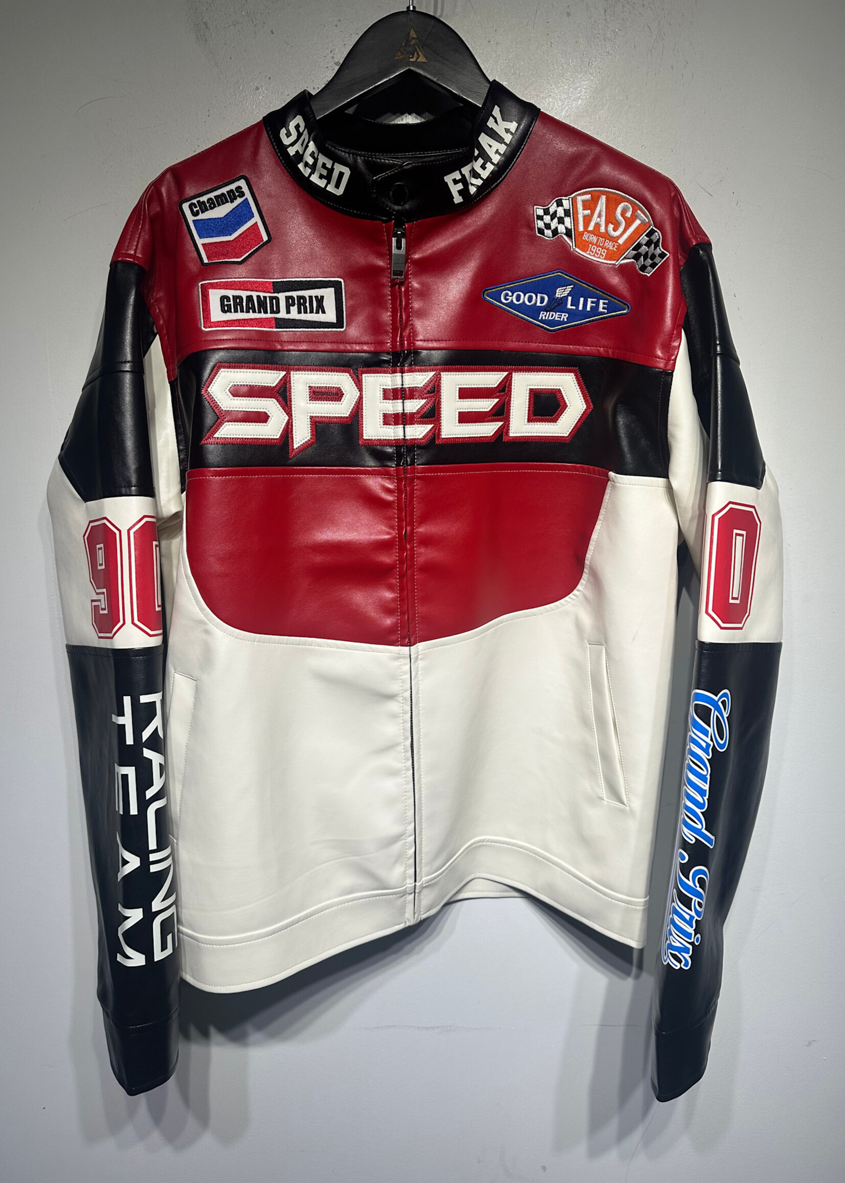 Copper Rivet Red White Speed Faux Leather Jacket XL