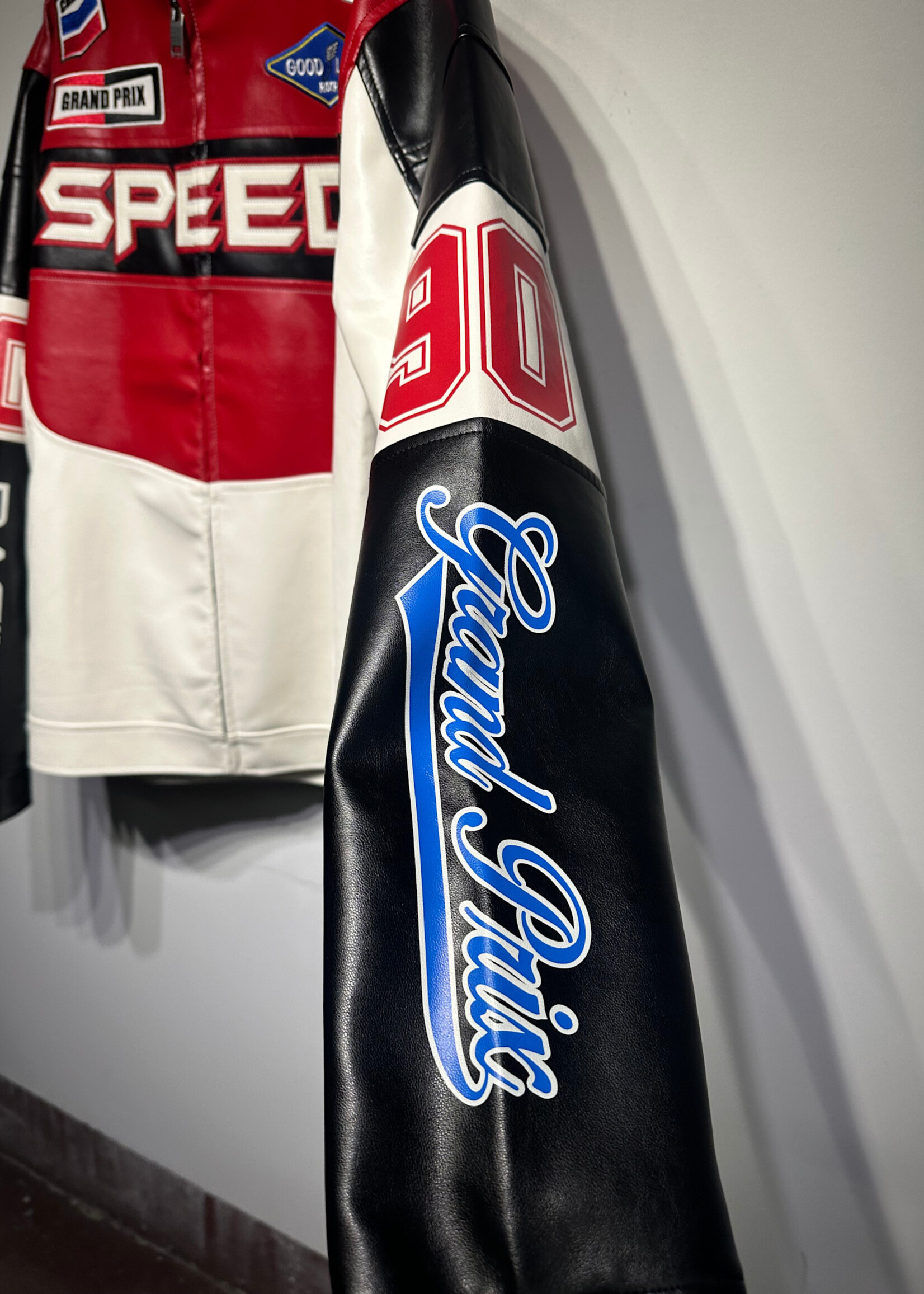 Copper Rivet Red White Speed Faux Leather Jacket XL