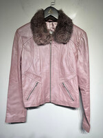 Wilsons Pink Rabbit Fur Trim Leather Jacket Fem M