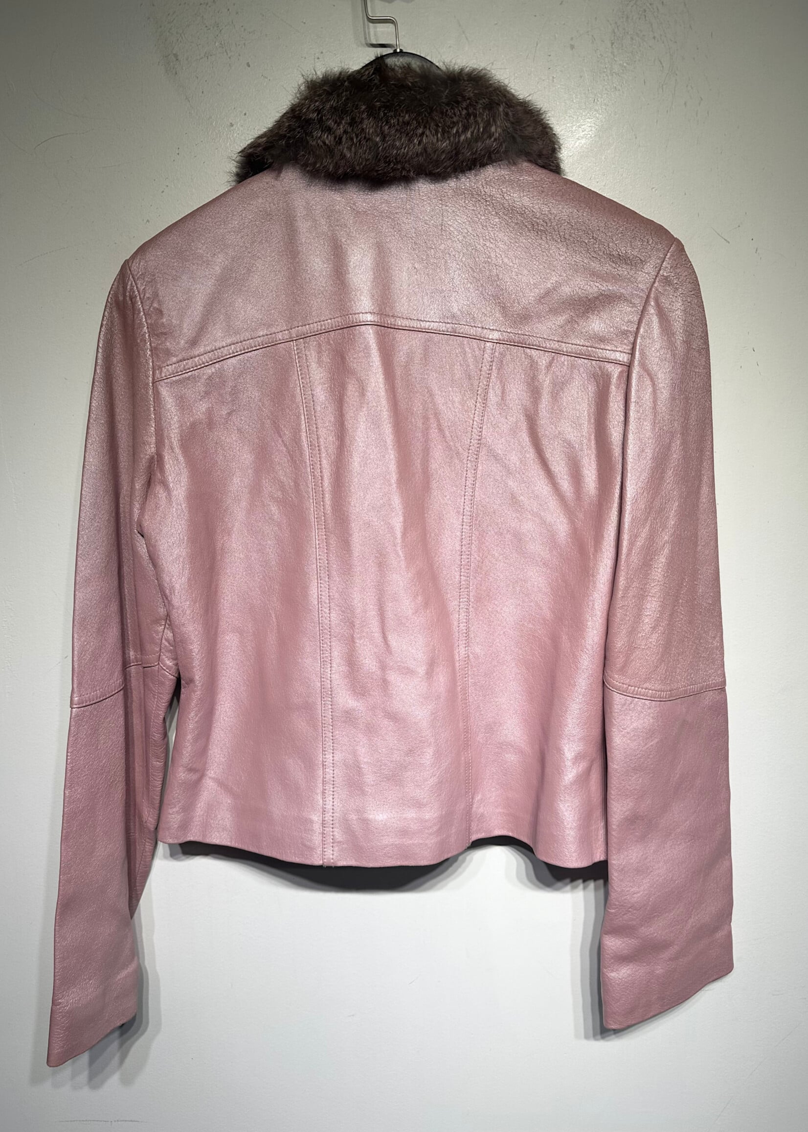 Wilsons Pink Rabbit Fur Trim Leather Jacket Fem M