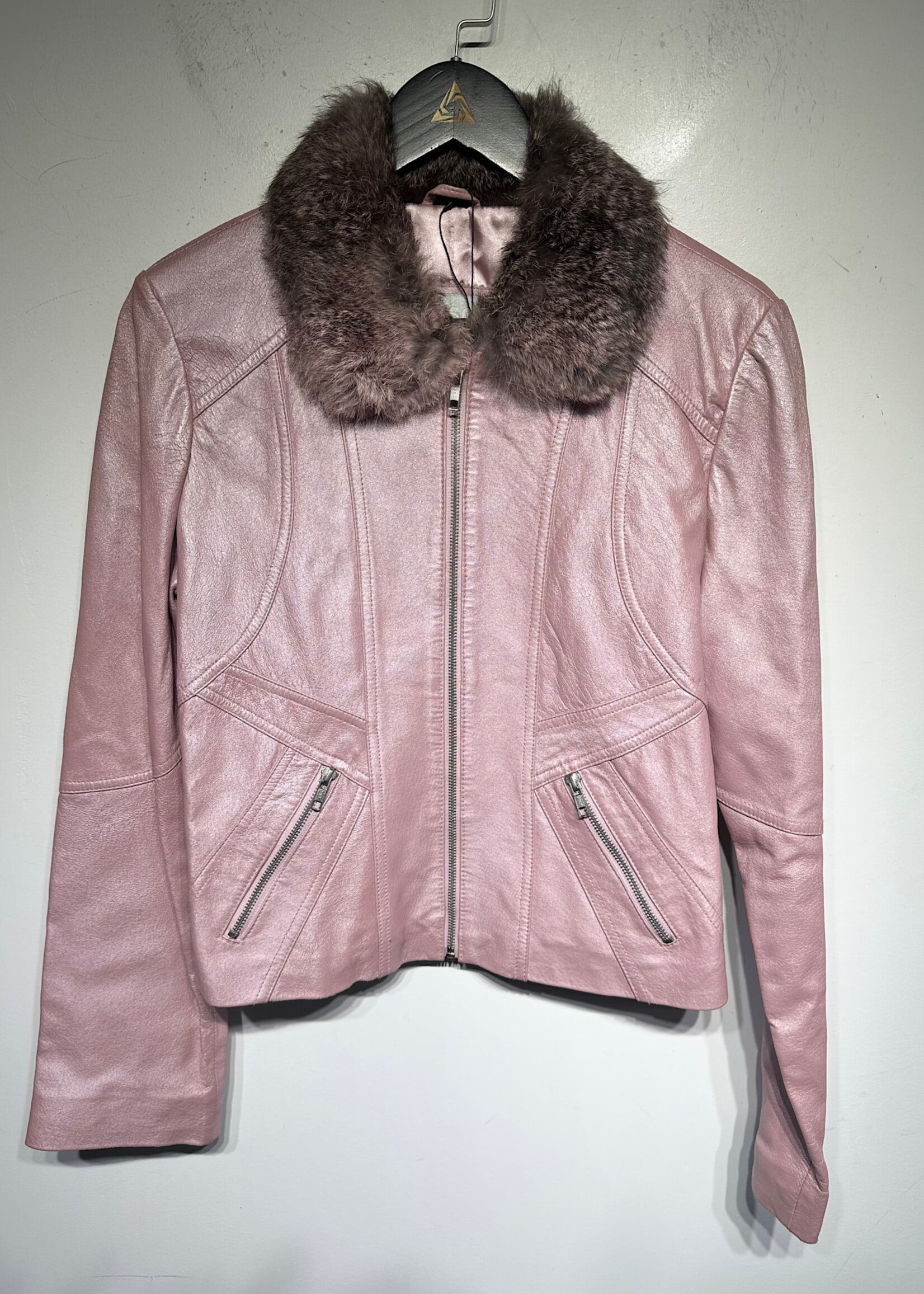 Wilsons Pink Rabbit Fur Trim Leather Jacket Fem M