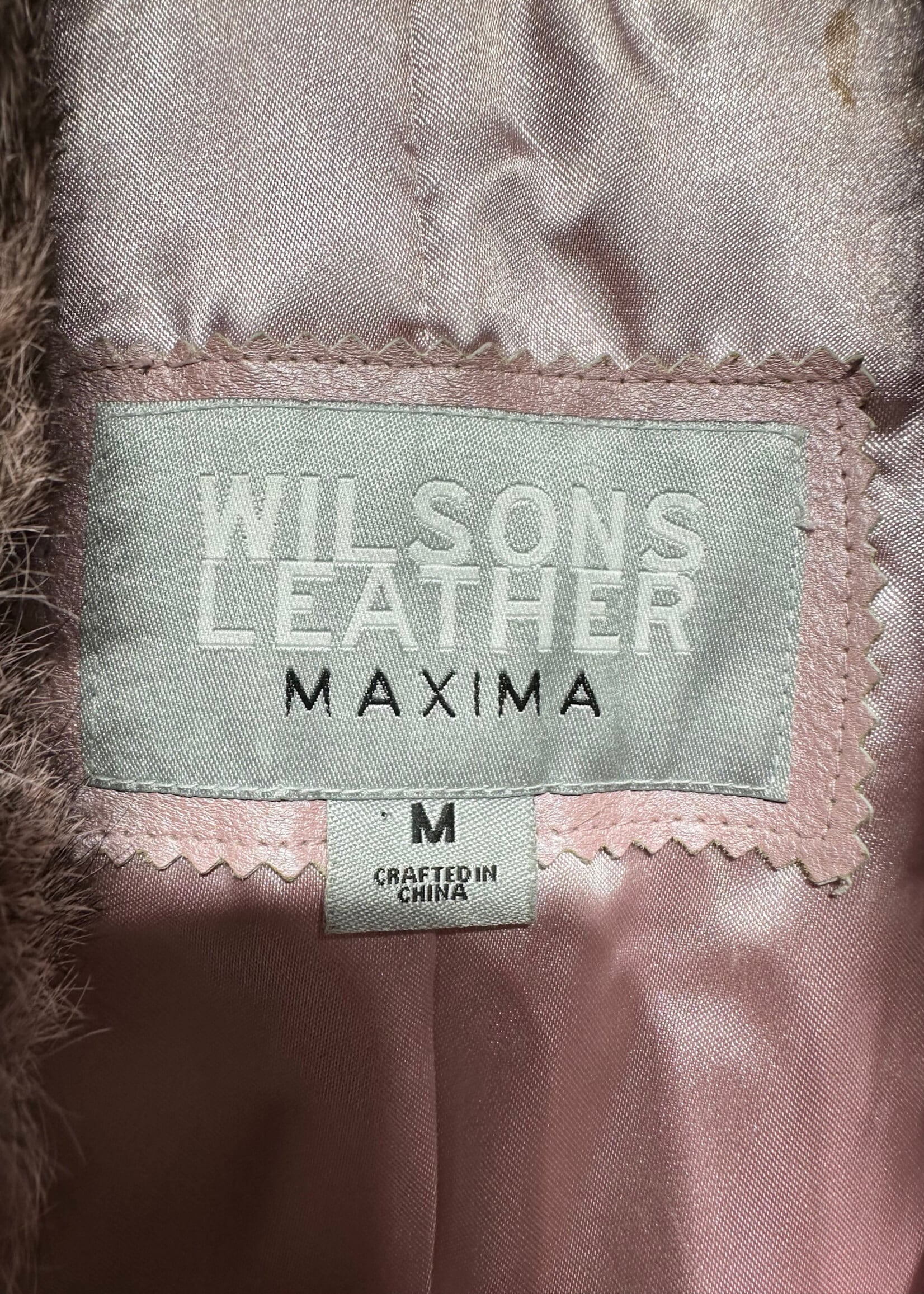 Wilsons Pink Rabbit Fur Trim Leather Jacket Fem M