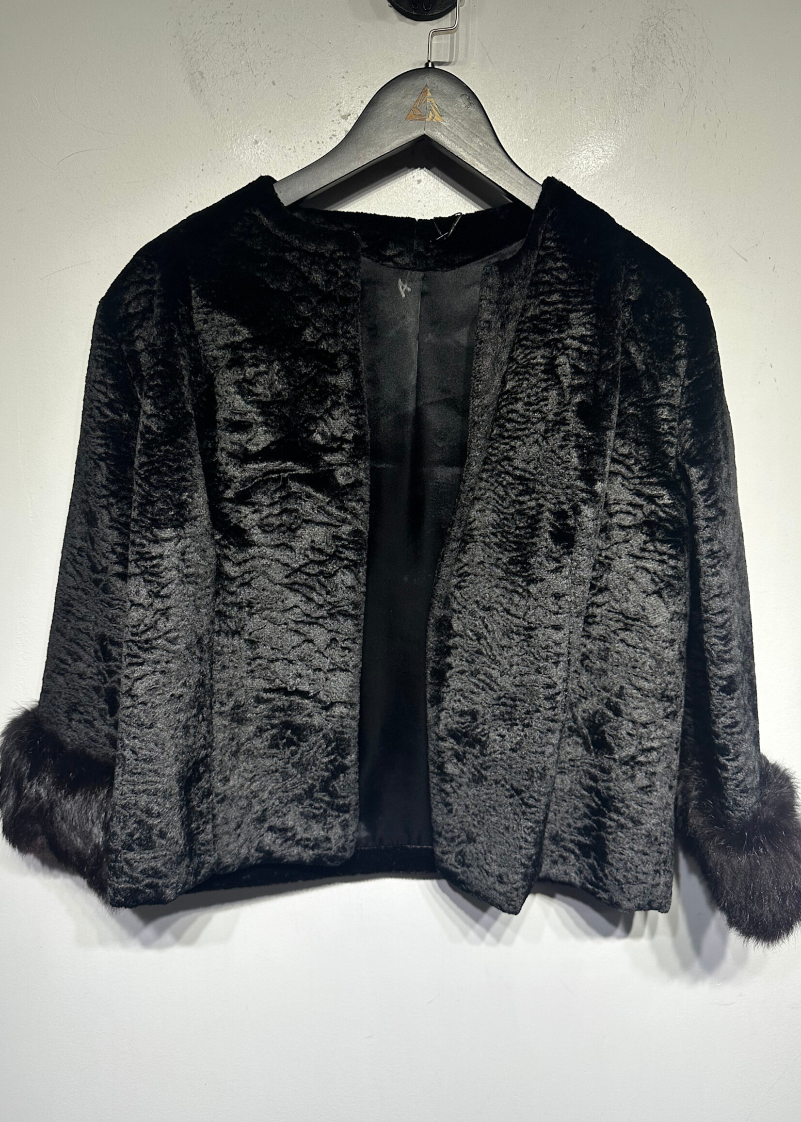 Vintage Black Fur Trim Textured Crop Jacket Fem M/L