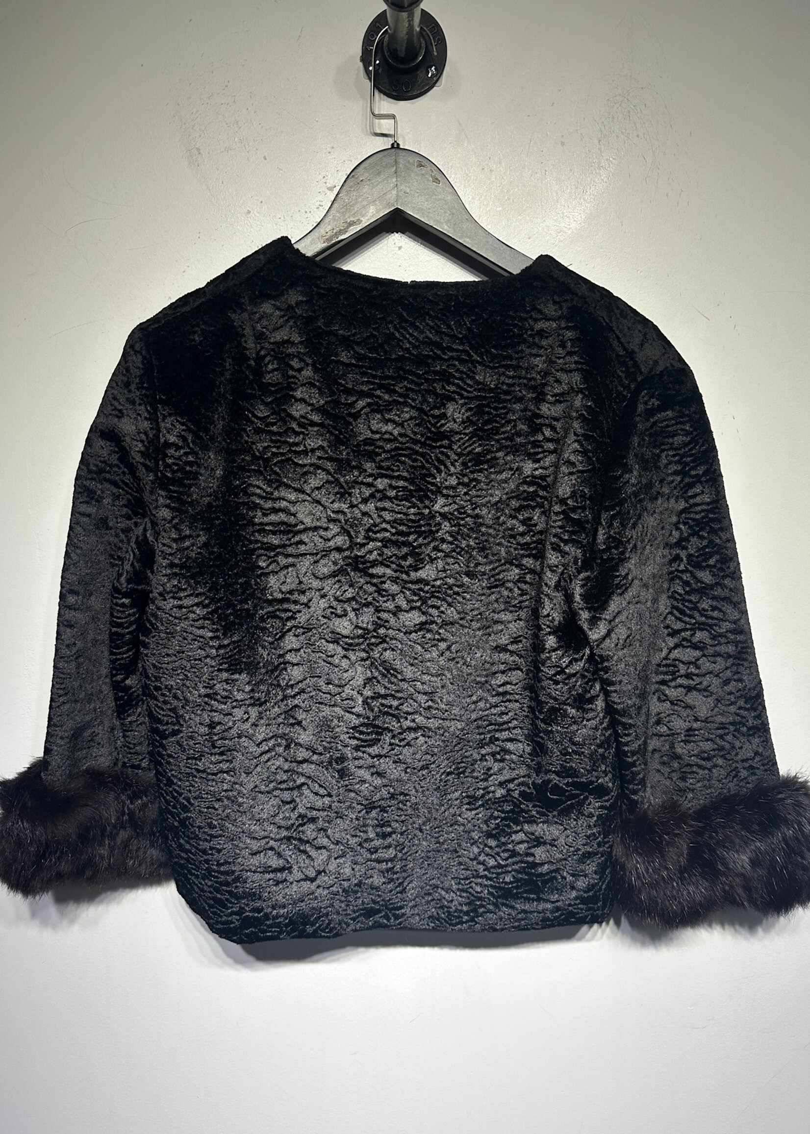 Vintage Black Fur Trim Textured Crop Jacket Fem M/L