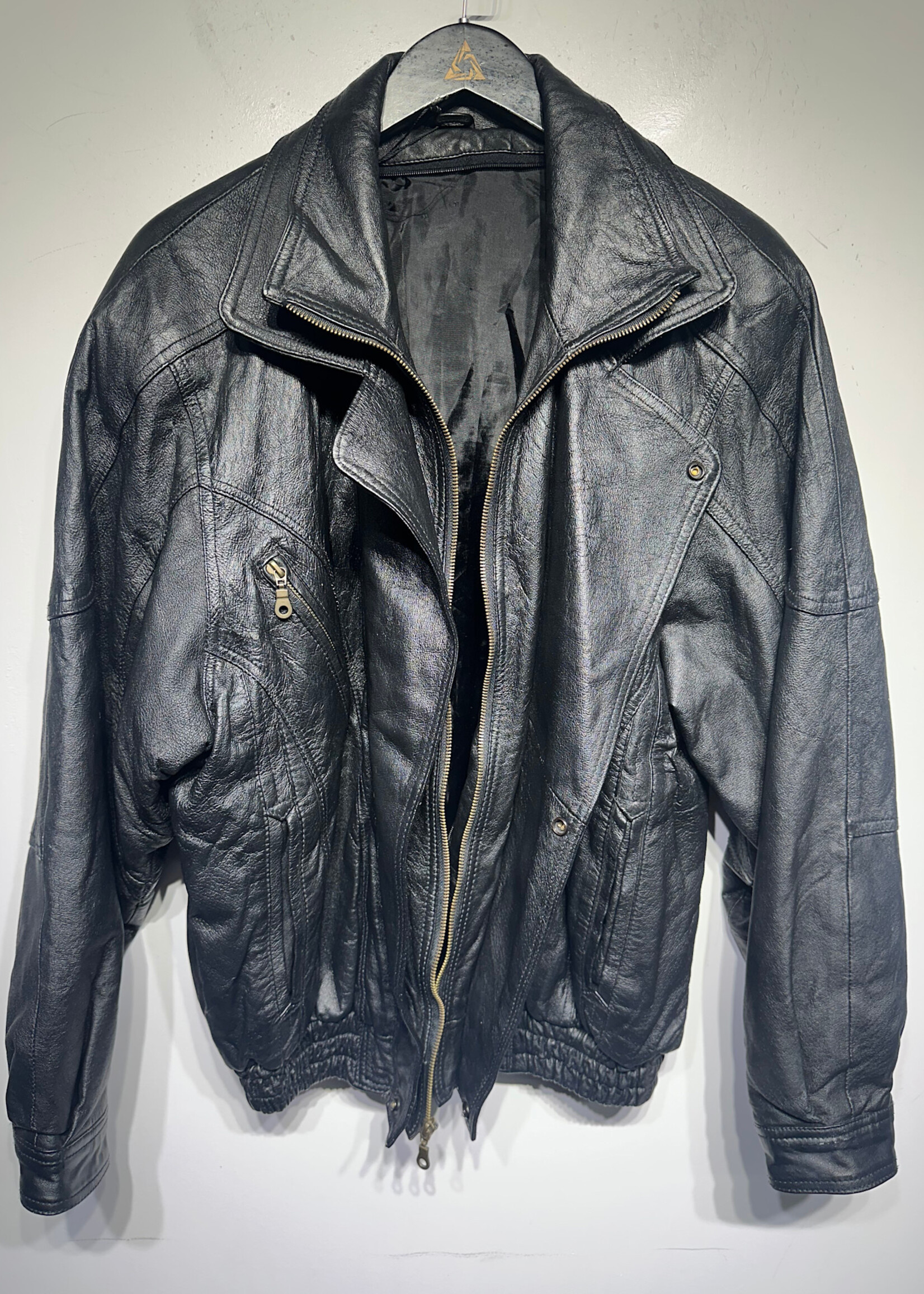 No Label Black Leather Vintage Flap Zip Jacket Masc XL