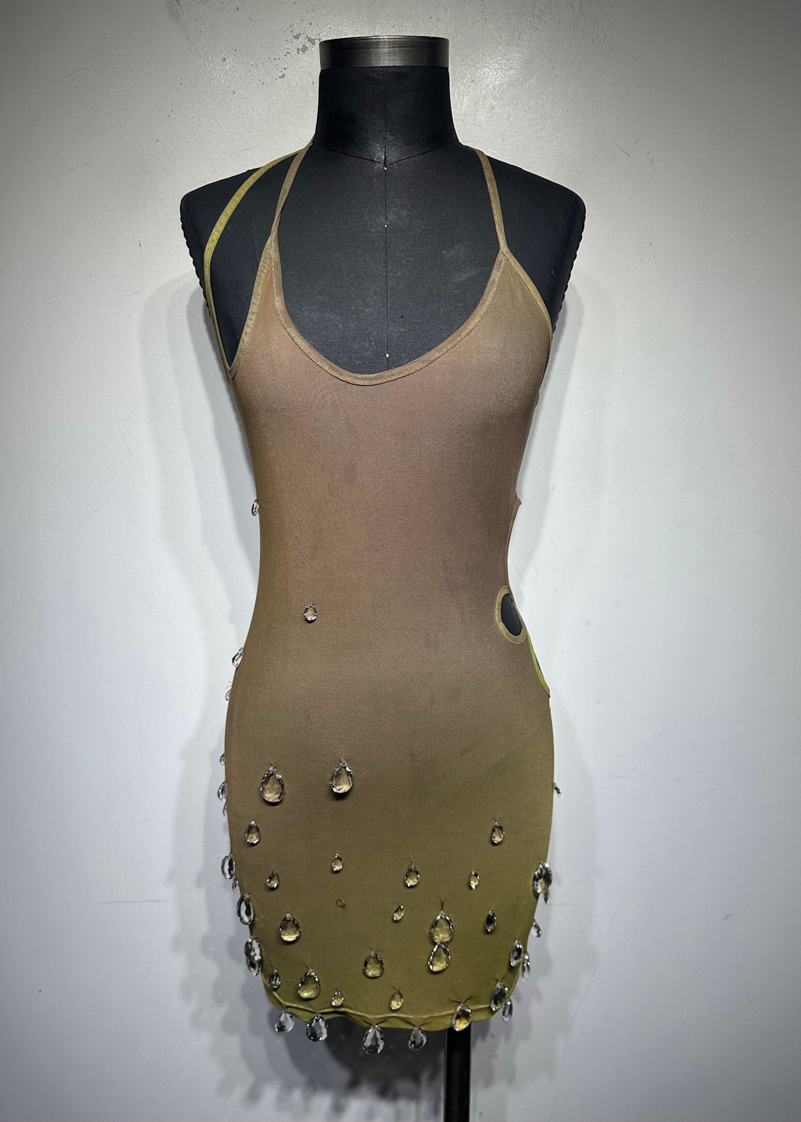 GCDS Brown / Green Dress w Crystal Droplets Fem M AS IS