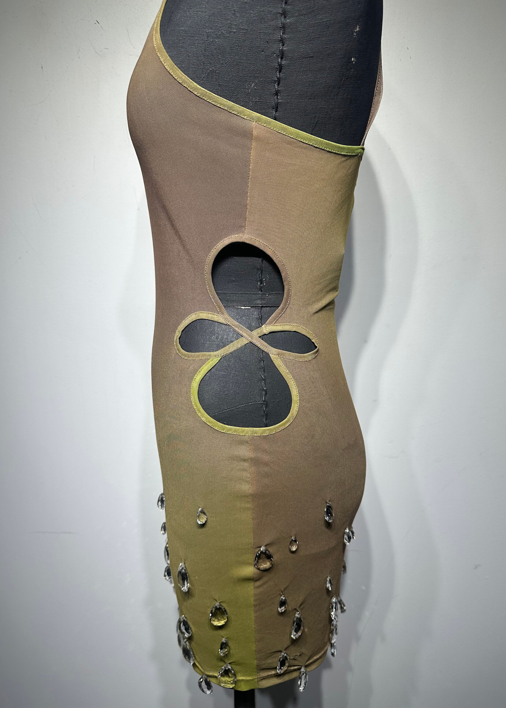 GCDS Brown / Green Dress w Crystal Droplets Fem M AS IS