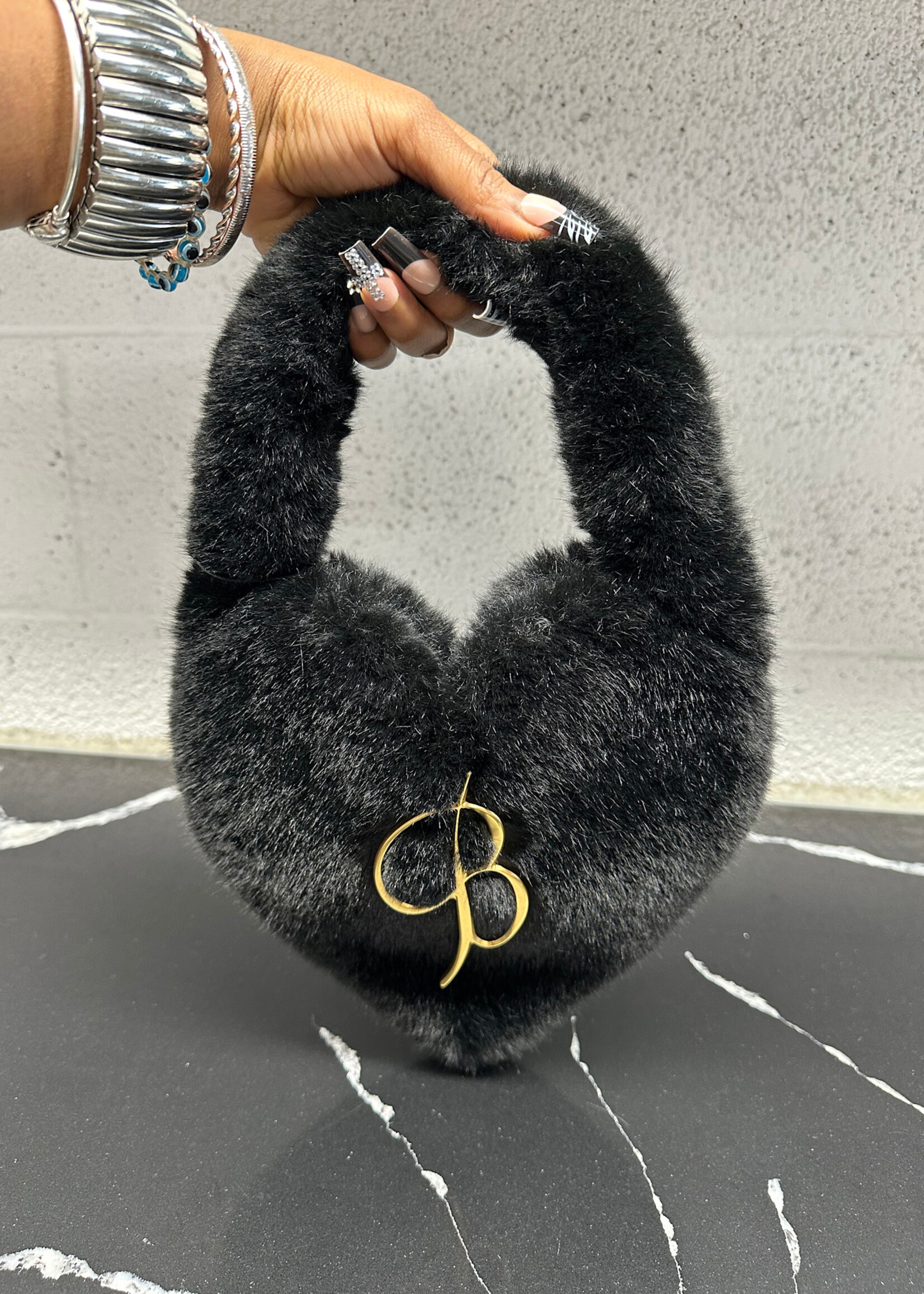 Blumarine Black Fuzzy Heart Bag OS