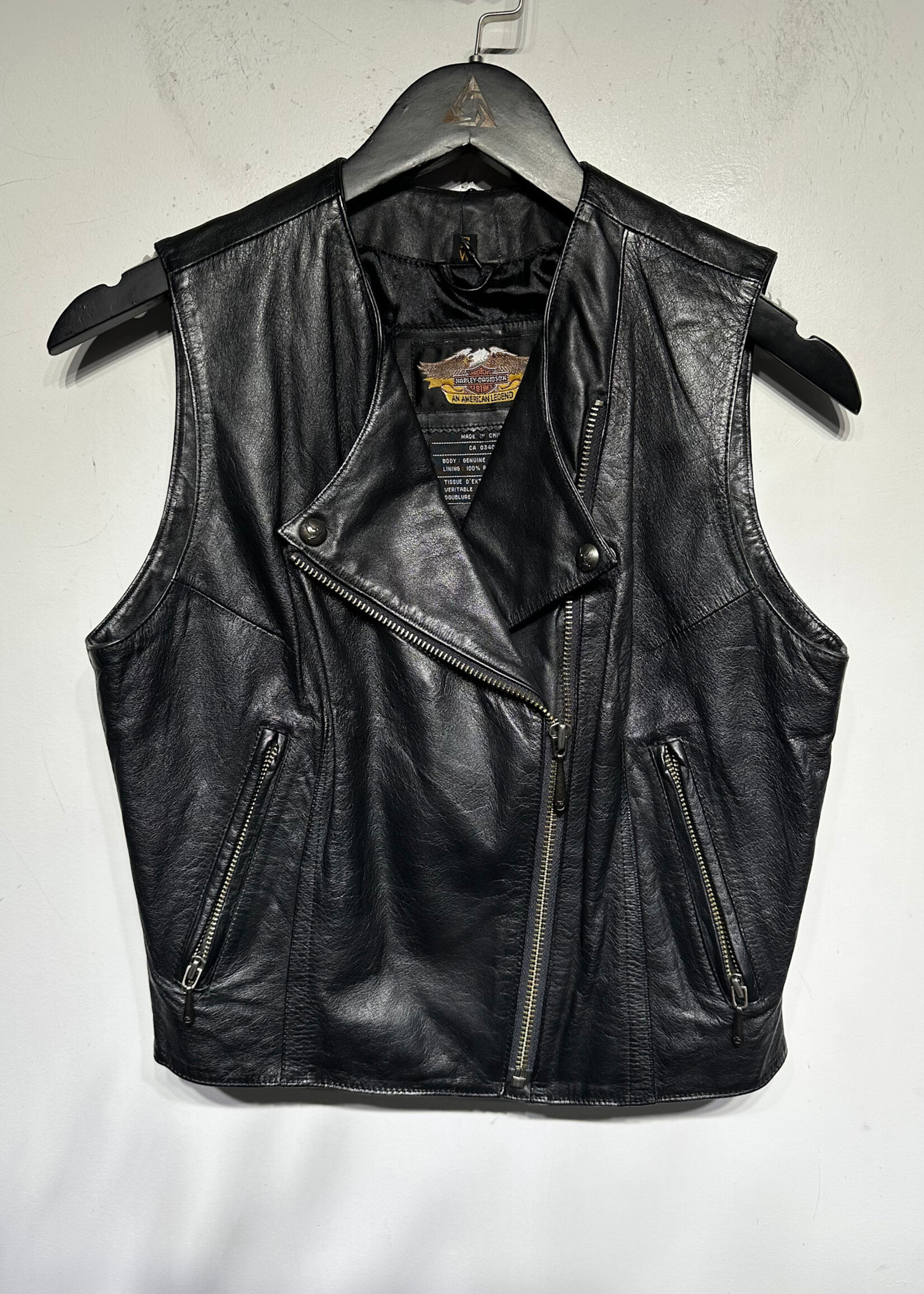 Harley Black Leather Zip Vest Fem S