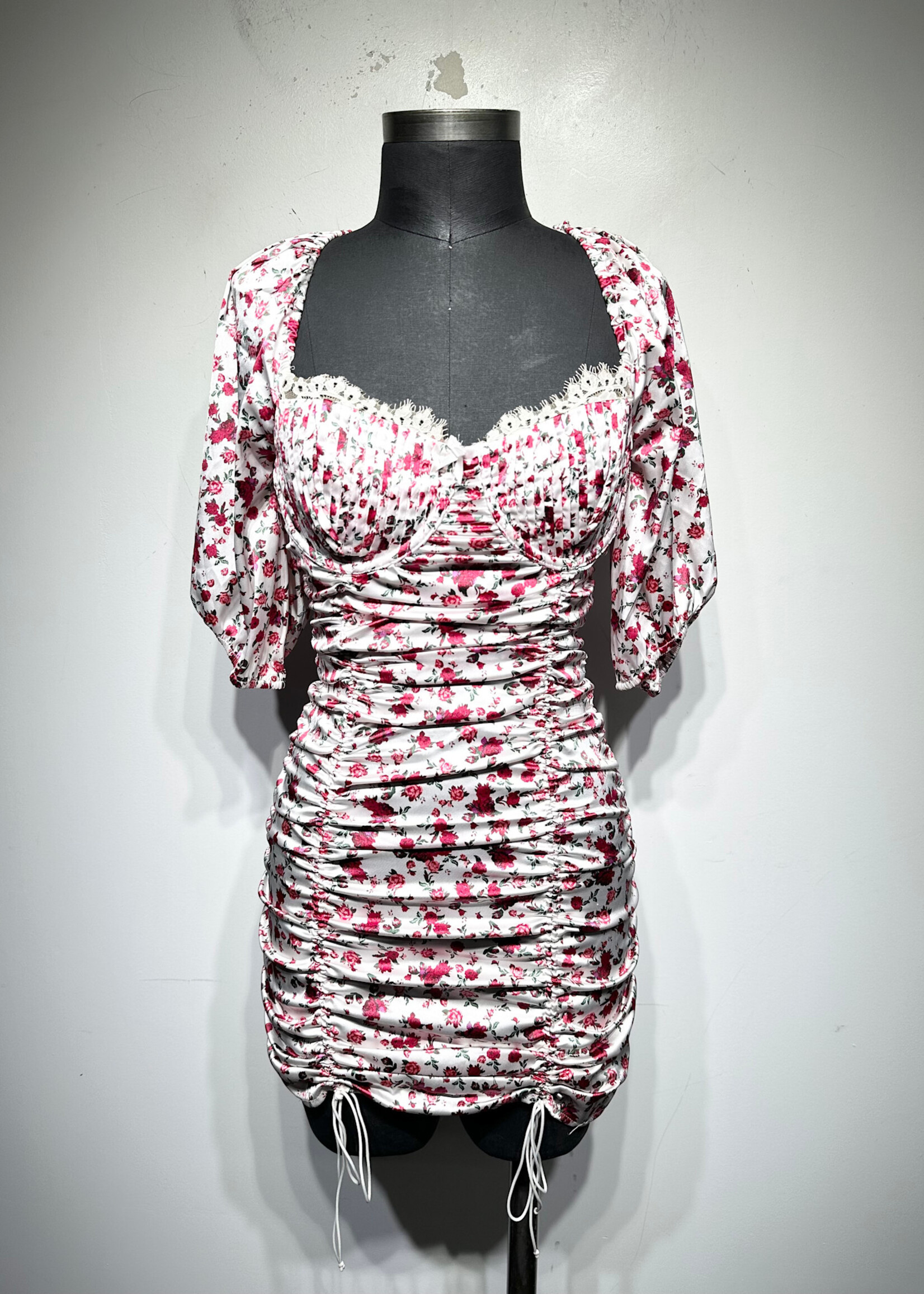 For Love & Lemons Ruched White Rose Print Dress S