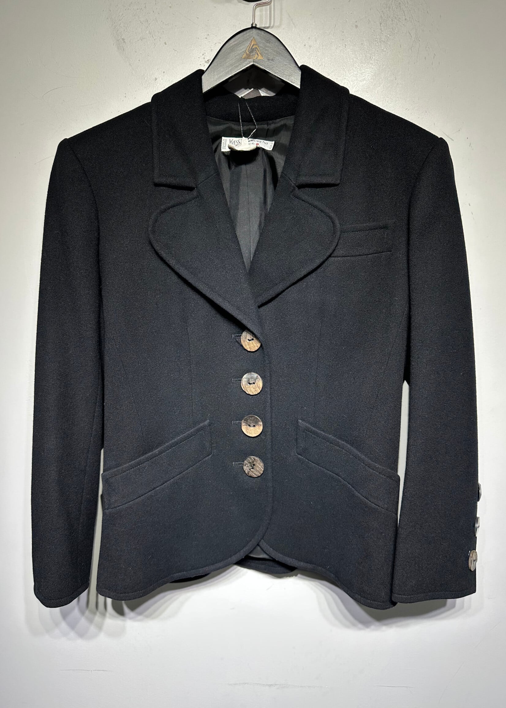 YSL Vintage Black Wool Wood Button Coat 38/M Fem