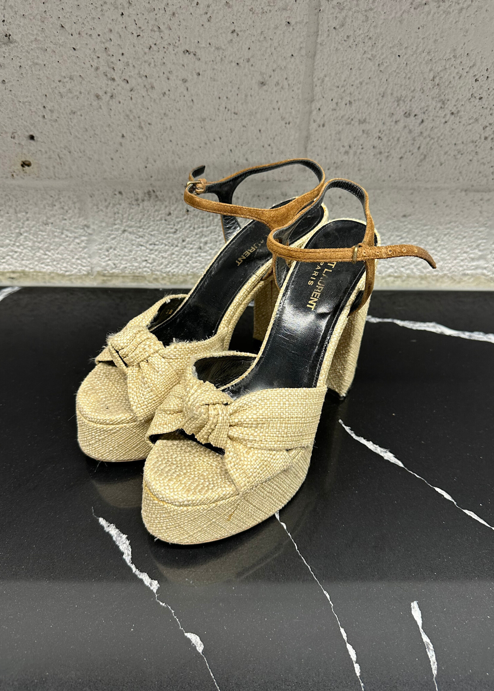 Saint Laurent Tan Wicker 'Franciane' Heels 38/8