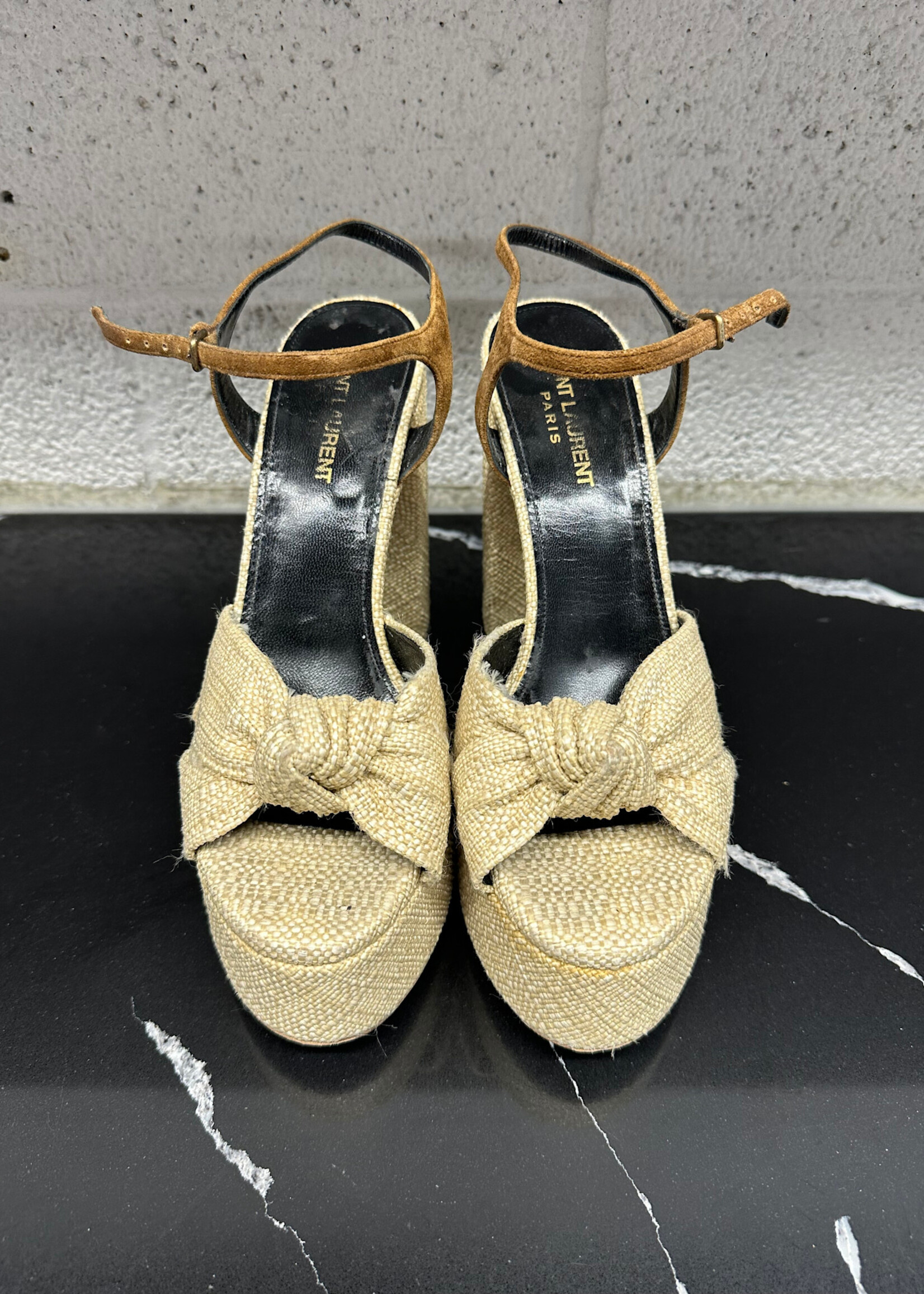 Saint Laurent Tan Wicker 'Franciane' Heels 38/8