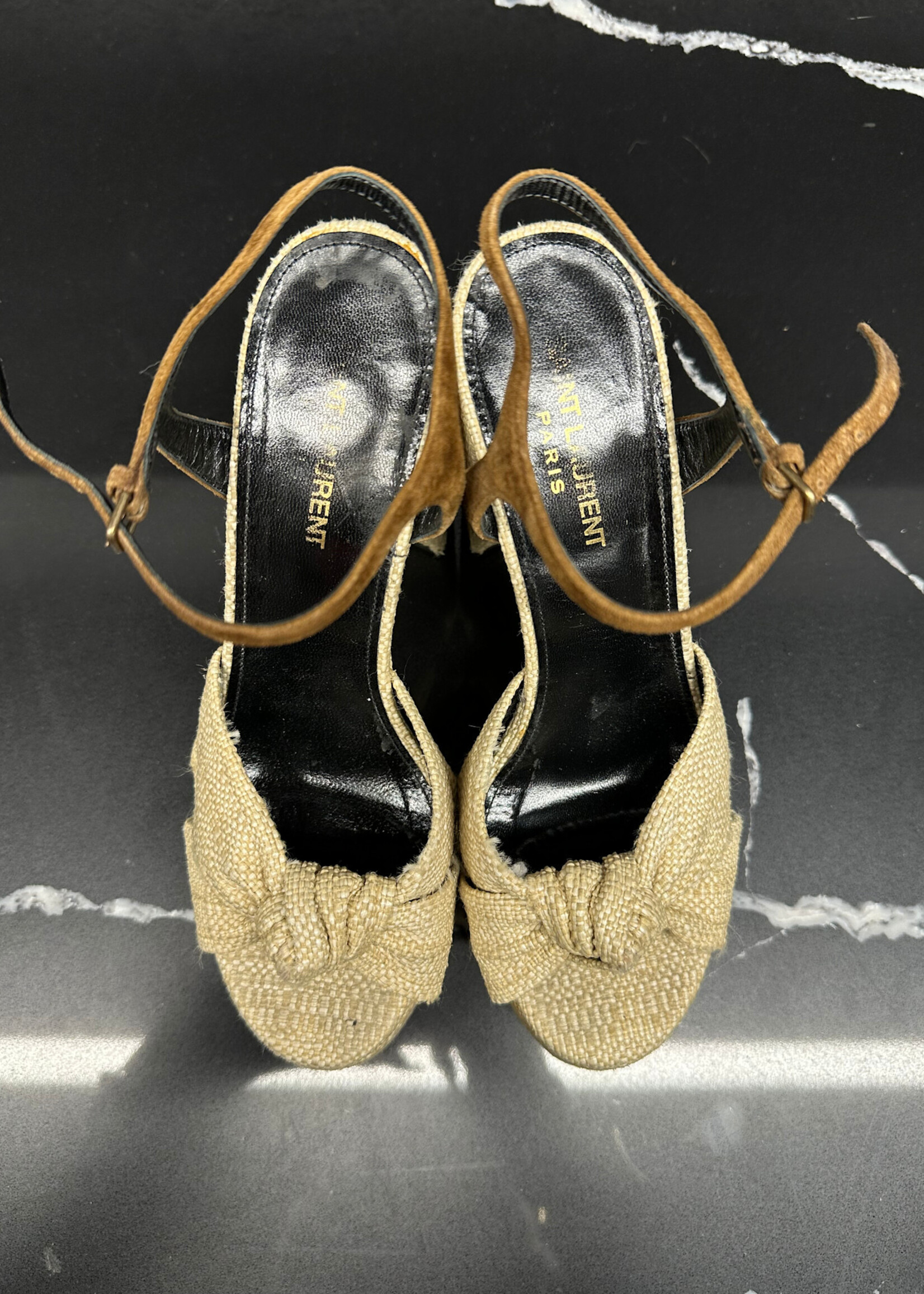 Saint Laurent Tan Wicker 'Franciane' Heels 38/8