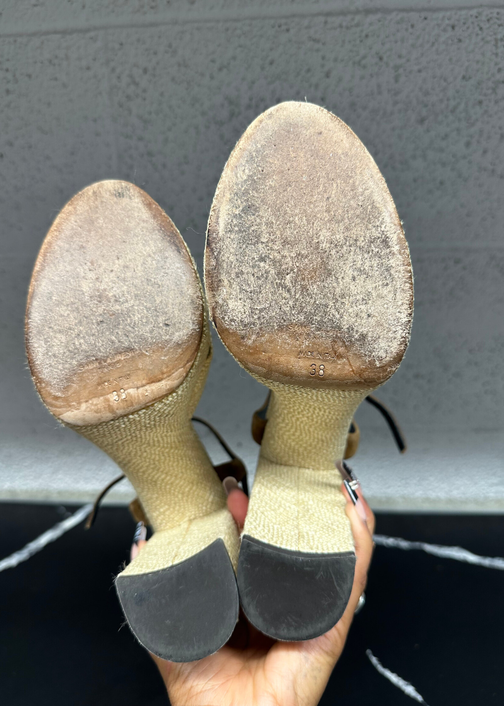 Saint Laurent Tan Wicker 'Franciane' Heels 38/8
