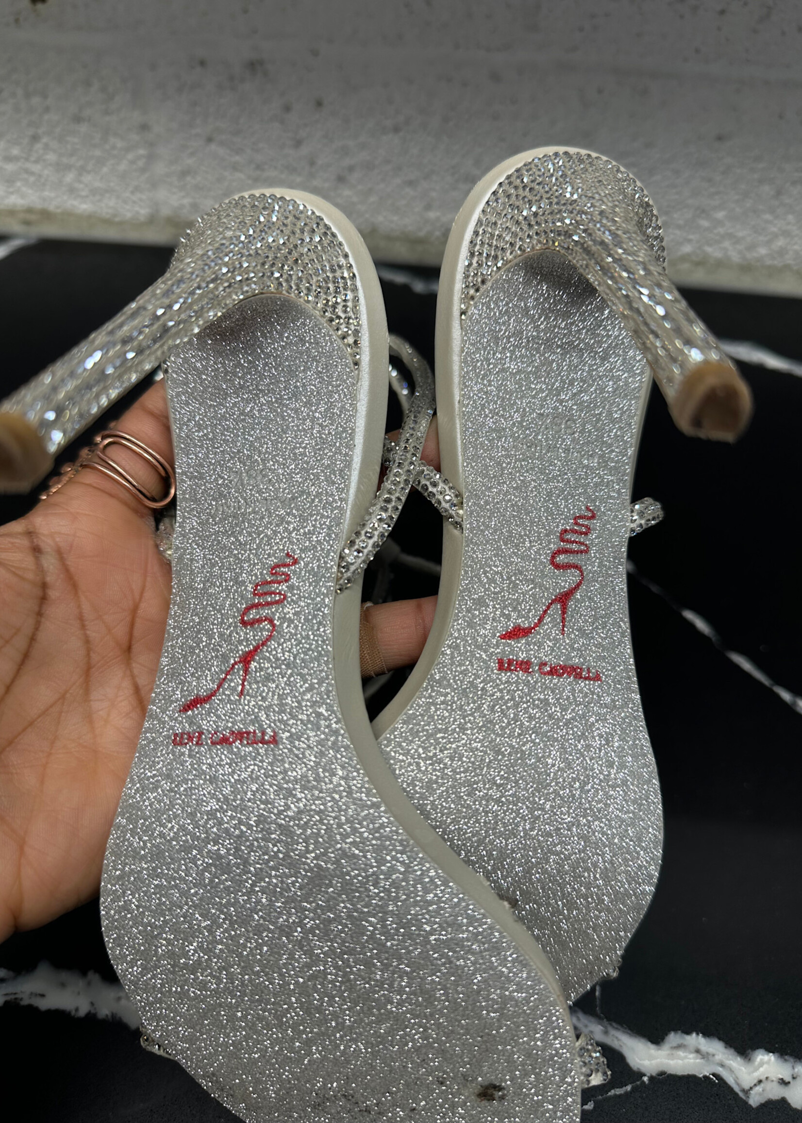 Rene Caovilla Silver Rhinestone Heels 38.5/8