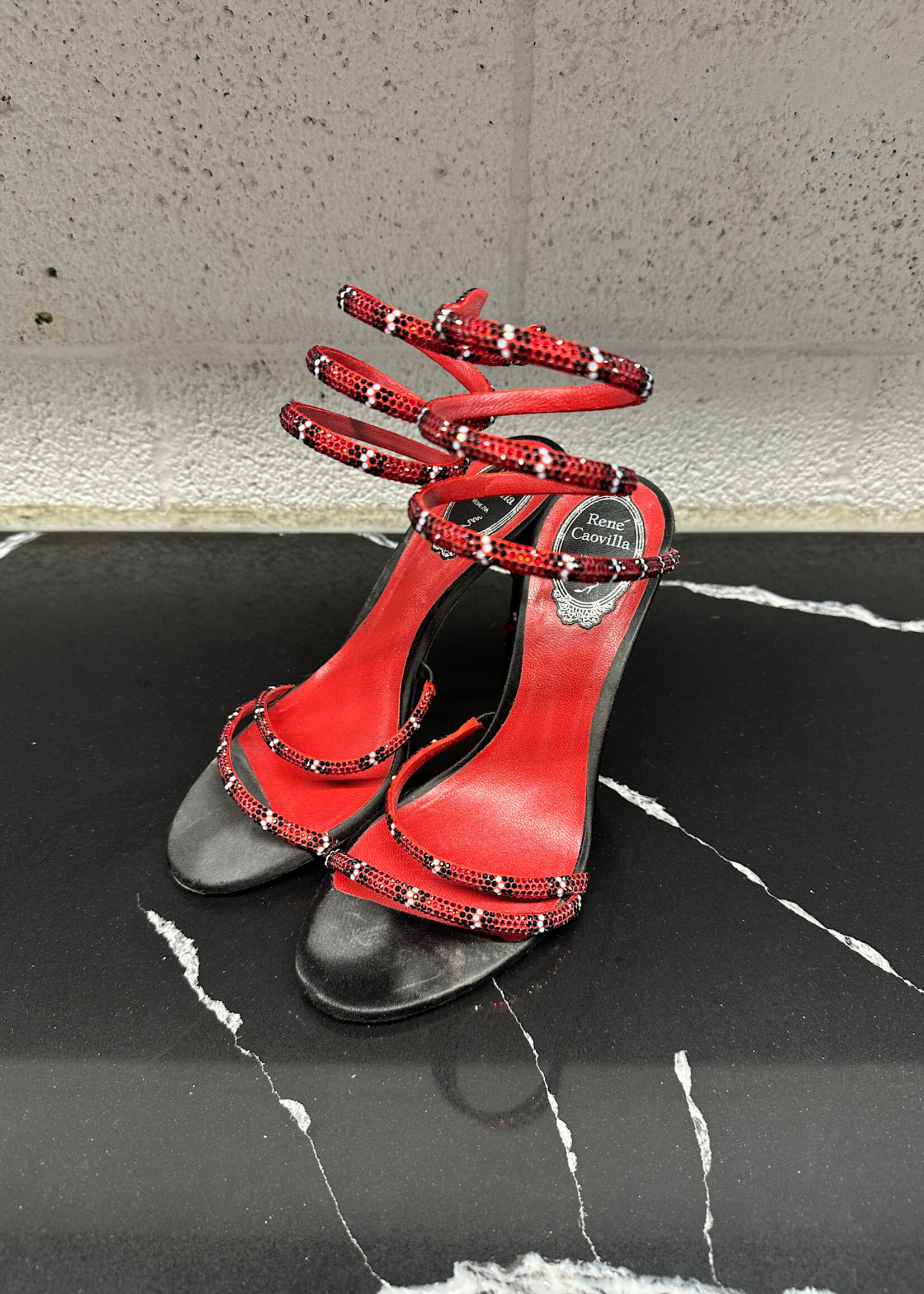 Rene Caovilla Black Red Wrap Heels 38.5/8