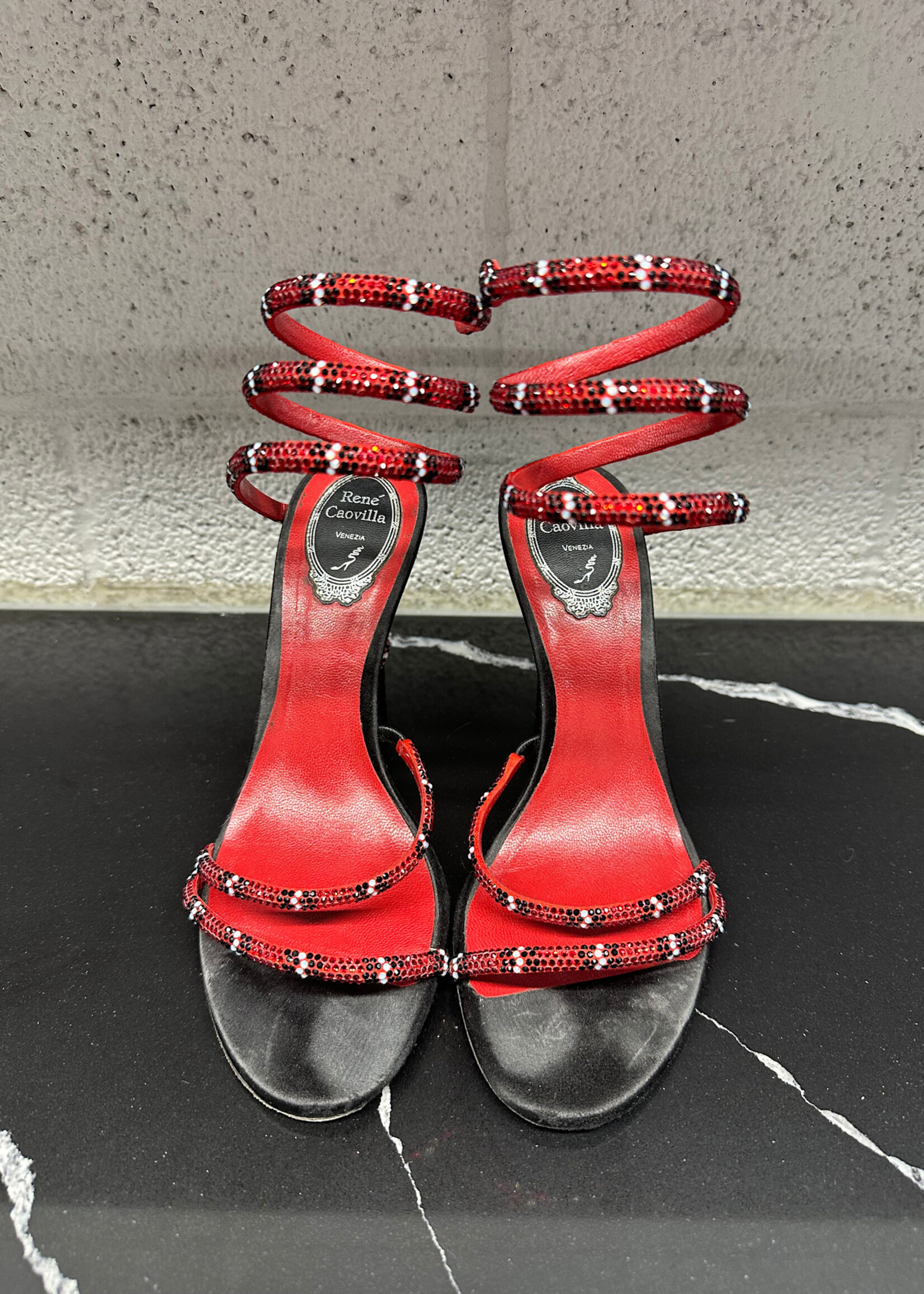 Rene Caovilla Black Red Wrap Heels 38.5/8