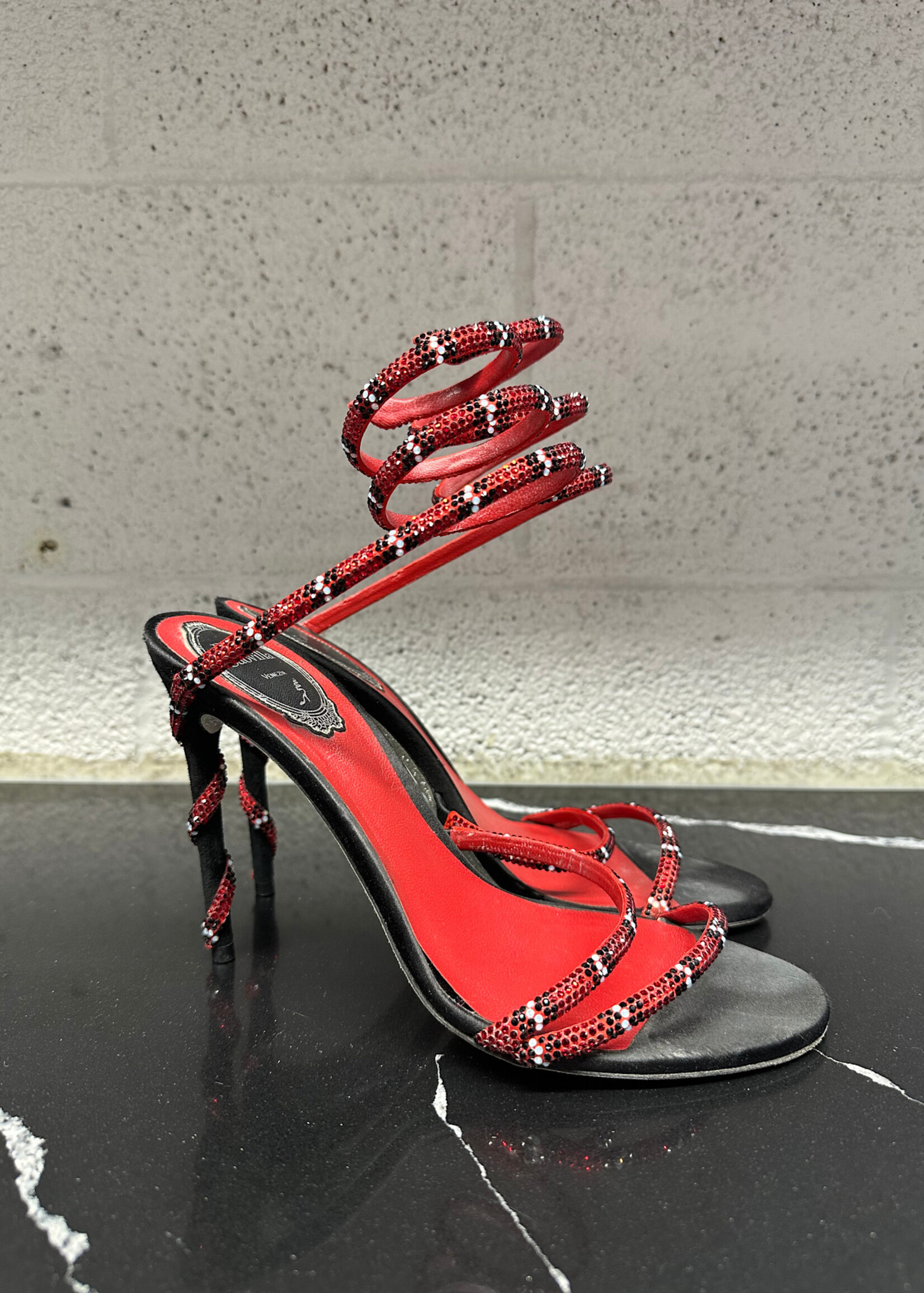 Rene Caovilla Black Red Wrap Heels 38.5/8