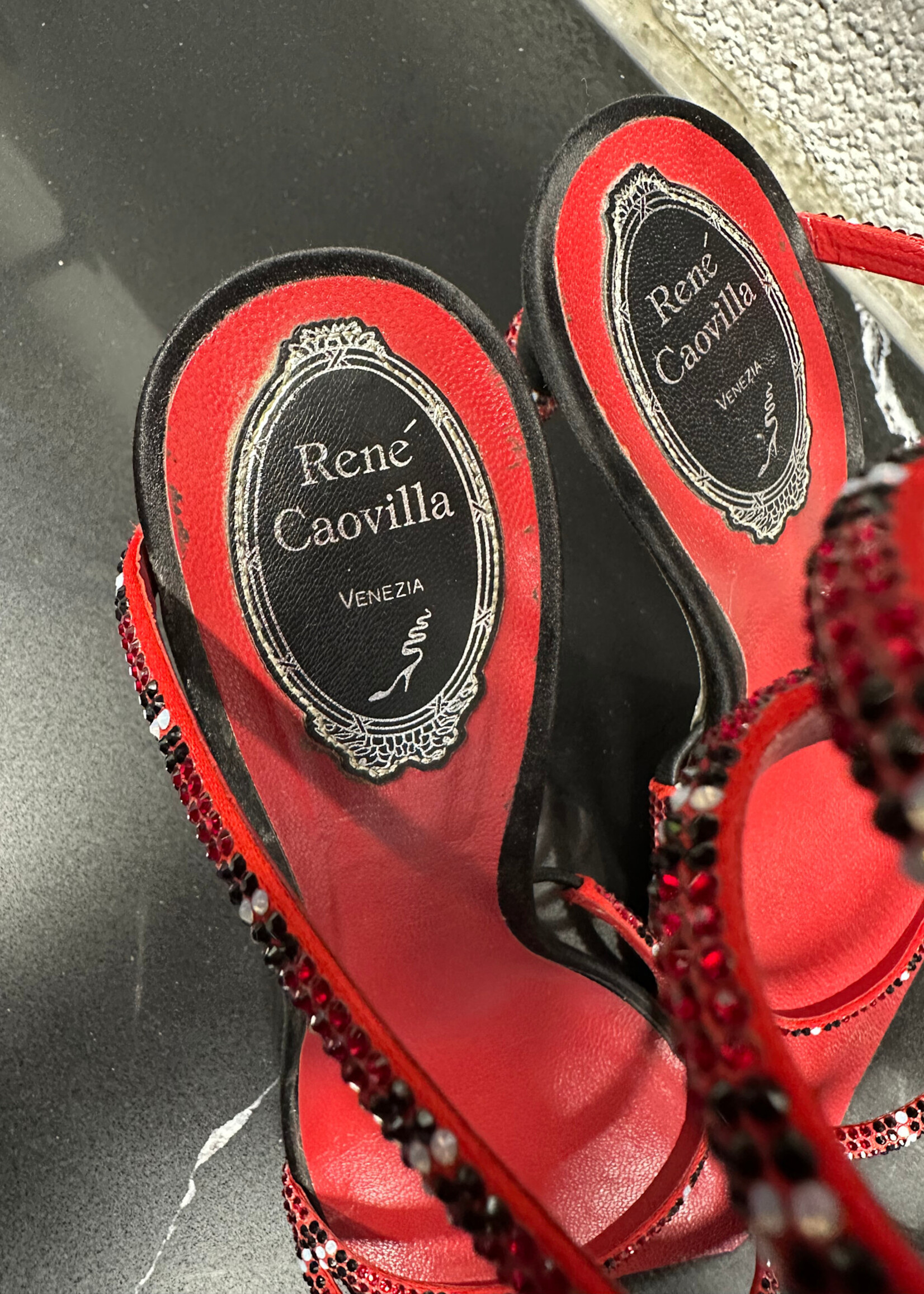 Rene Caovilla Black Red Wrap Heels 38.5/8