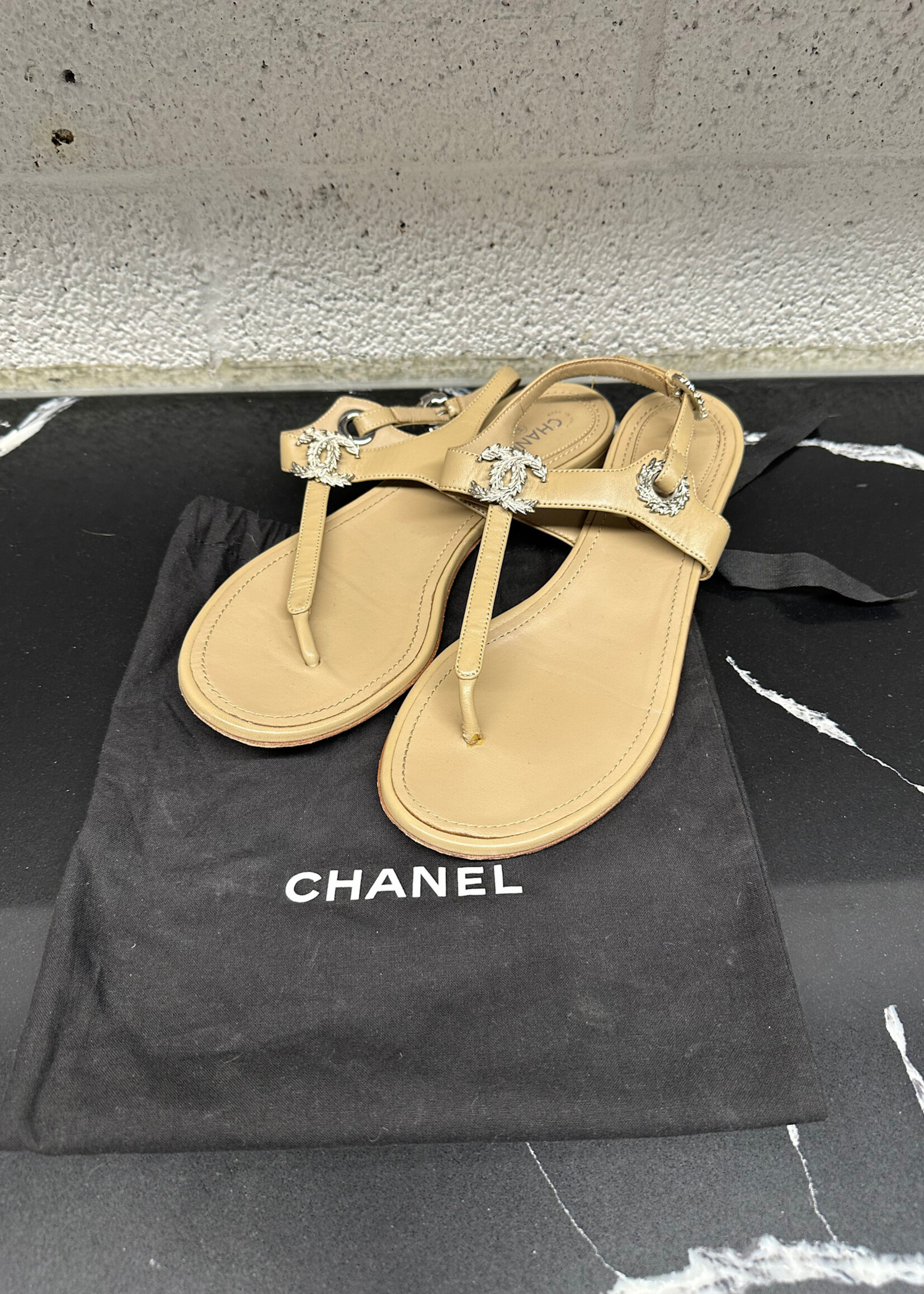 Chanel Tan Leather Logo Sandals 38.5/8.5