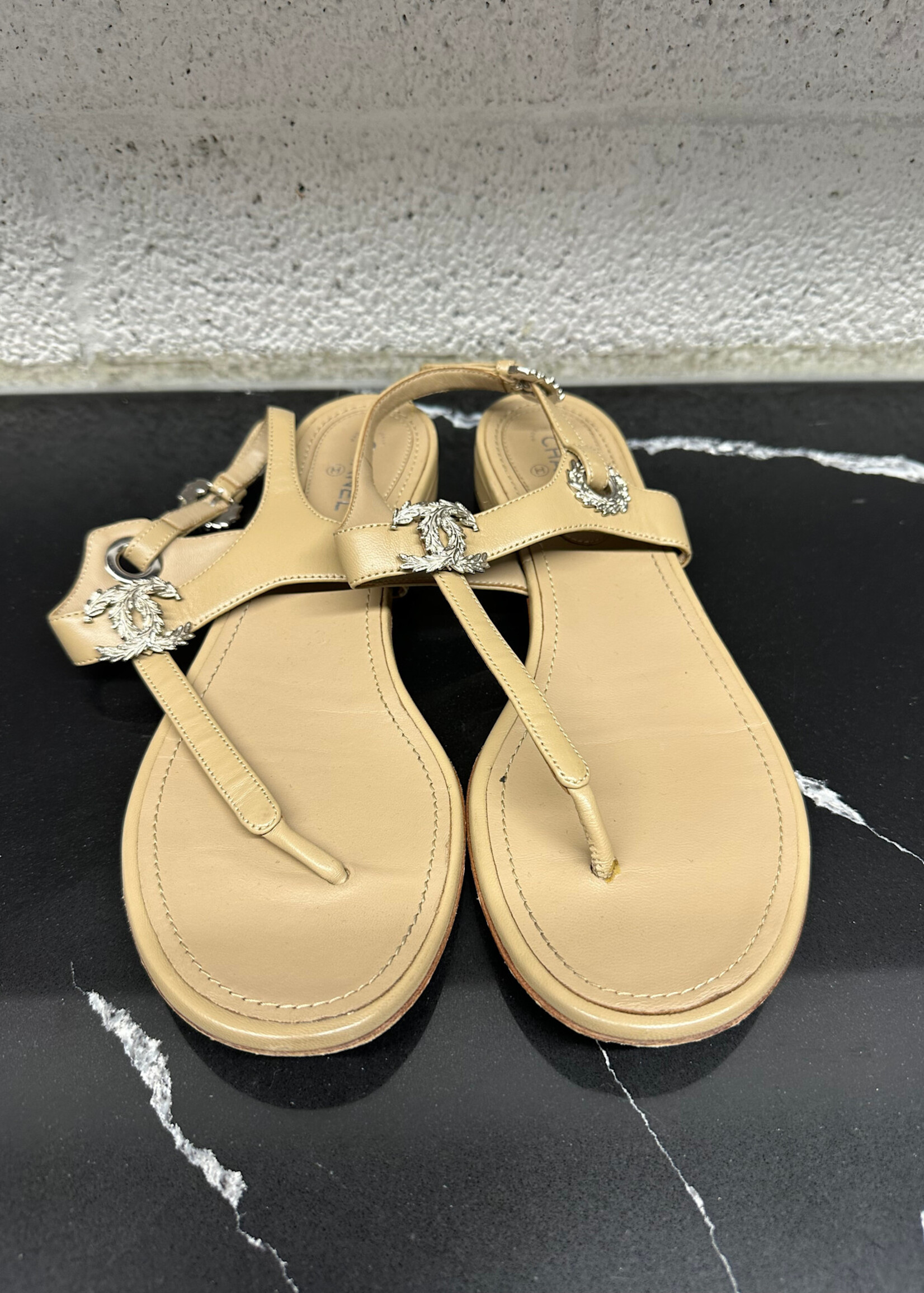 Chanel Tan Leather Logo Sandals 38.5/8.5