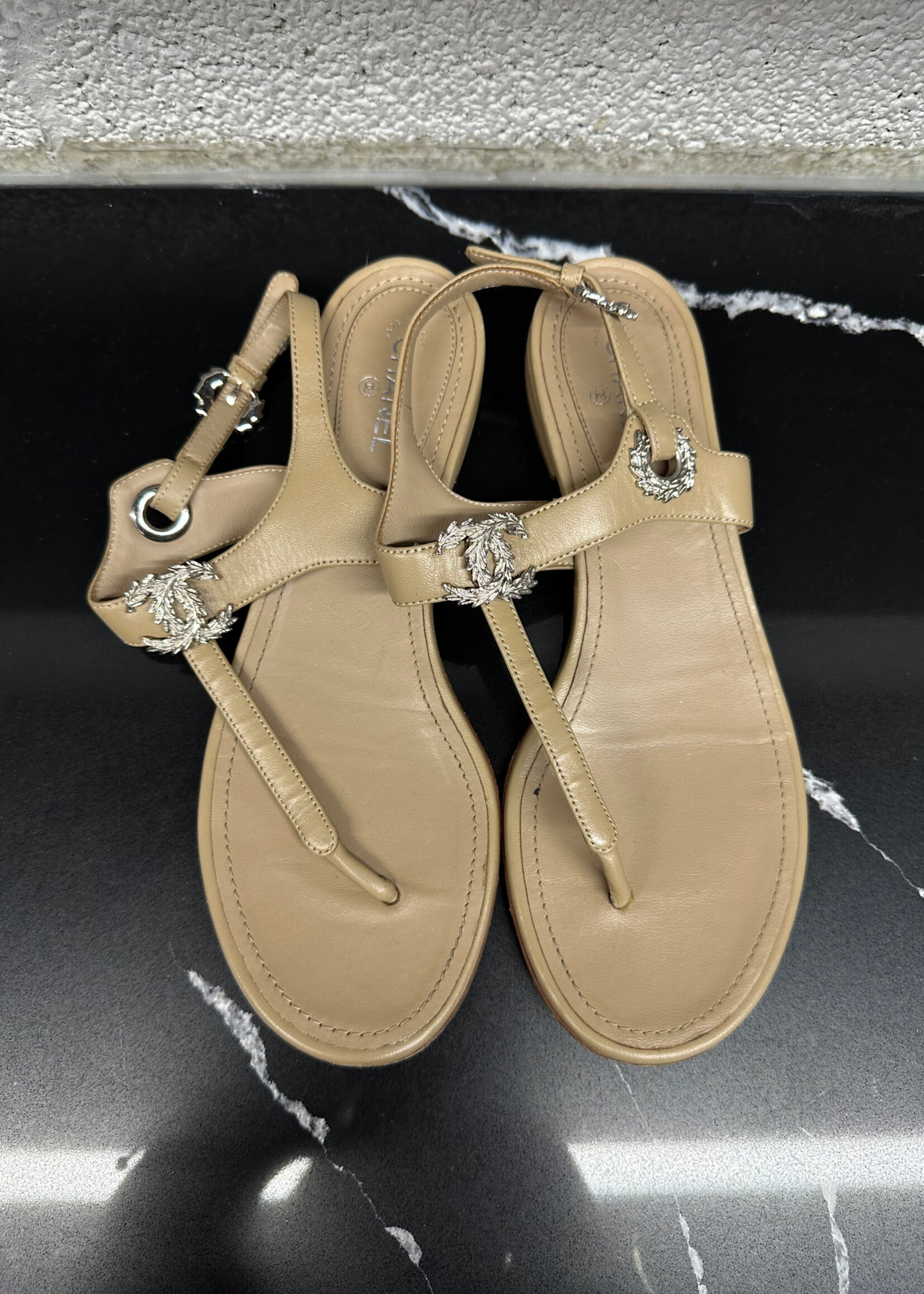 Chanel Tan Leather Logo Sandals 38.5/8.5
