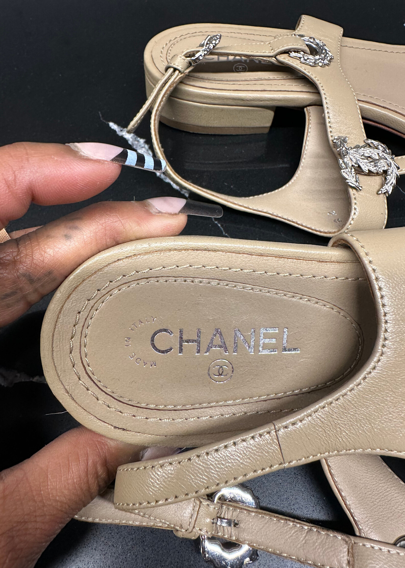Chanel Tan Leather Logo Sandals 38.5/8.5
