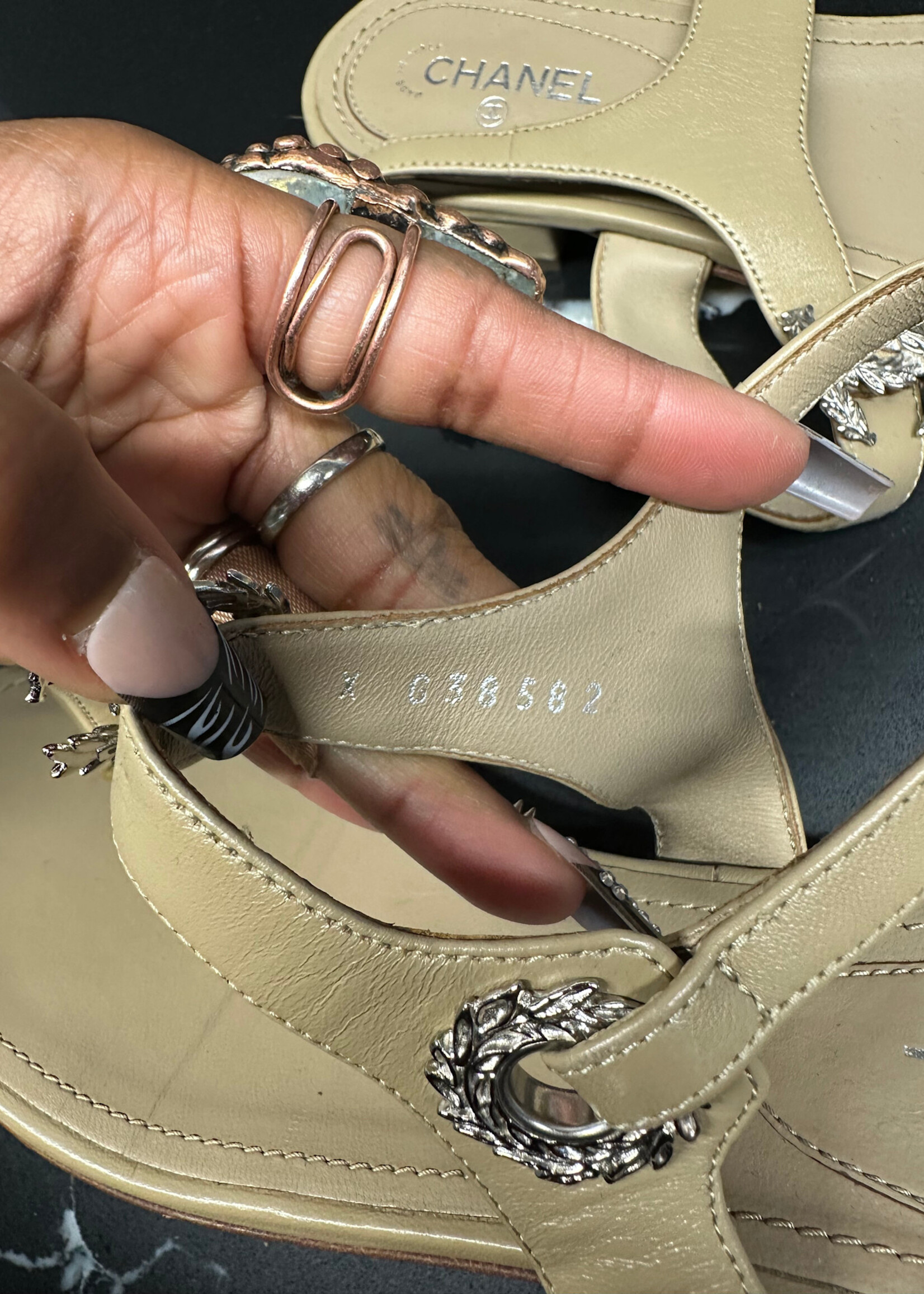 Chanel Tan Leather Logo Sandals 38.5/8.5