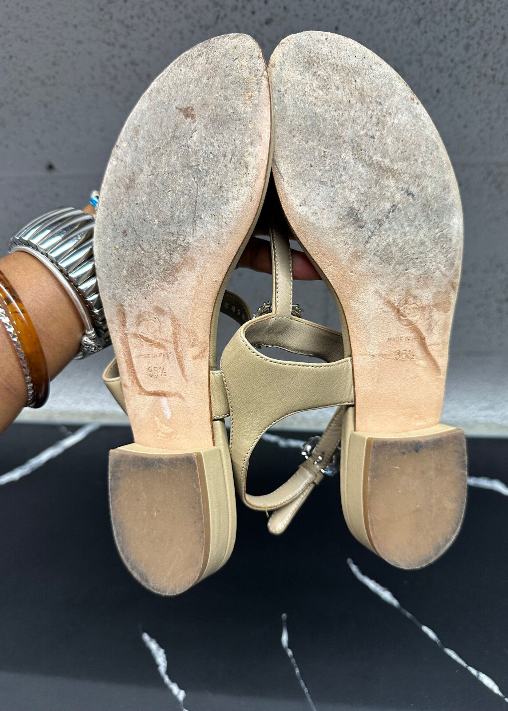 Chanel Tan Leather Logo Sandals 38.5/8.5